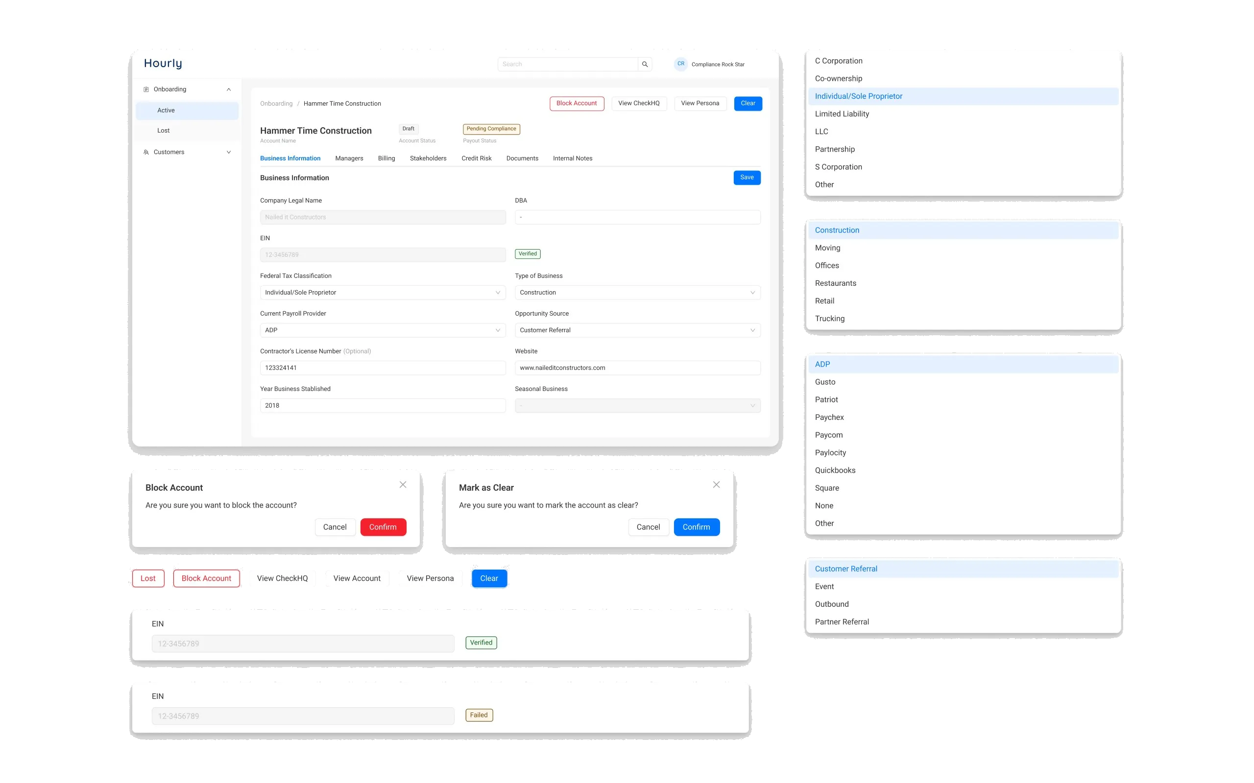 A company record showing business information with a verified EIN, next to the block account and mark as clear confirmation dialogs and the classification dropdowns behind them.