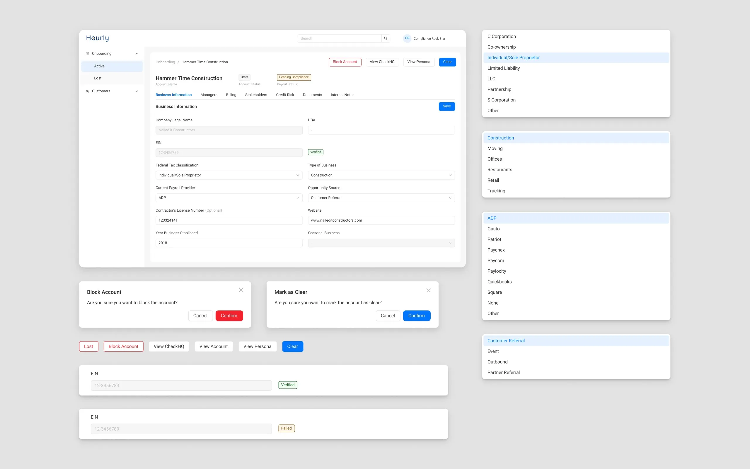 A company record showing business information with a verified EIN, next to the block account and mark as clear confirmation dialogs and the classification dropdowns behind them.