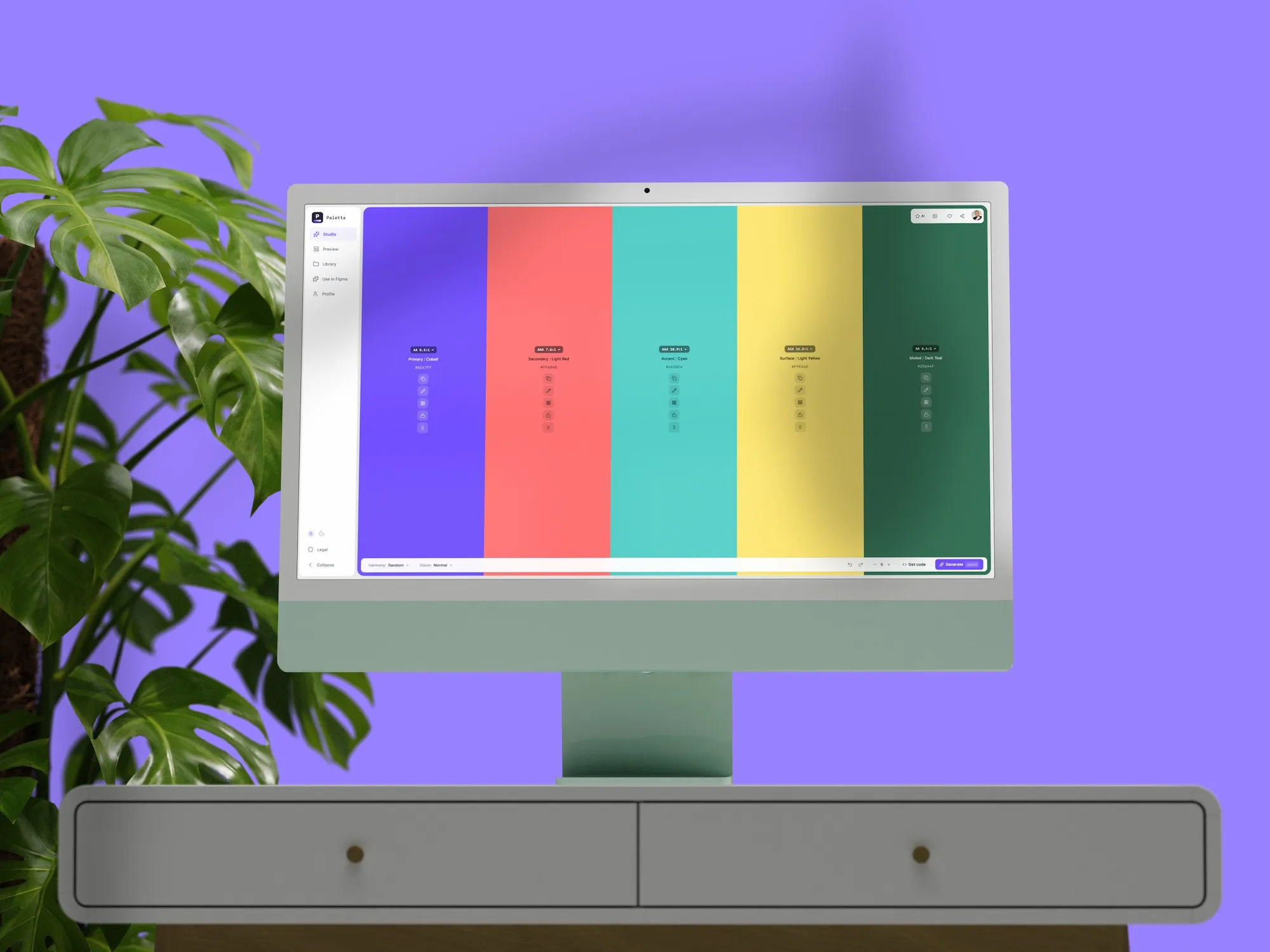 A laptop on a violet backdrop beside a monstera leaf, showing Paletta's generated palette as full-height colour columns with contrast ratios.