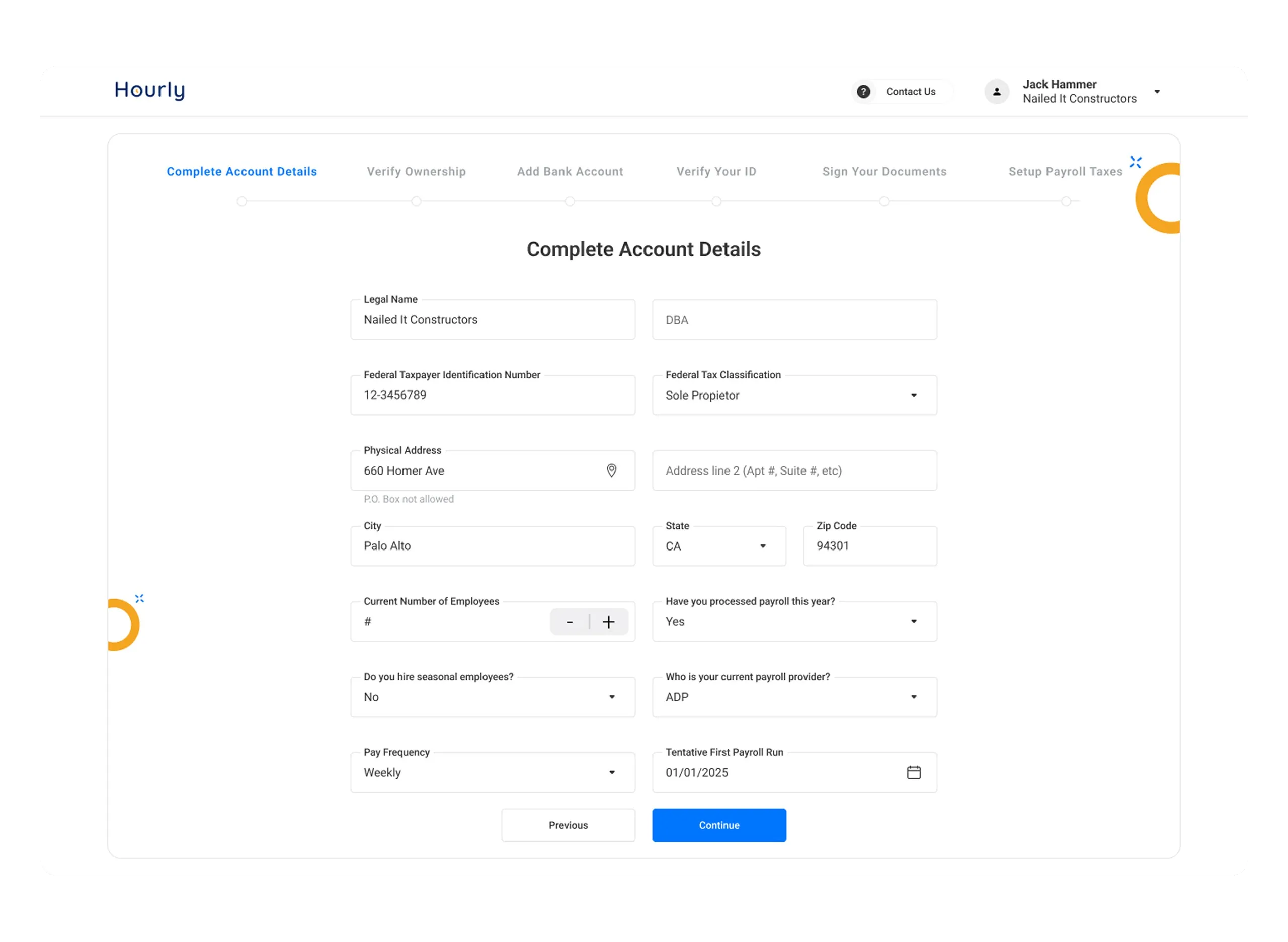 The Complete Account Details step, collecting legal name, federal taxpayer ID and tax classification, address, employee count, current payroll provider and pay frequency in a single form.