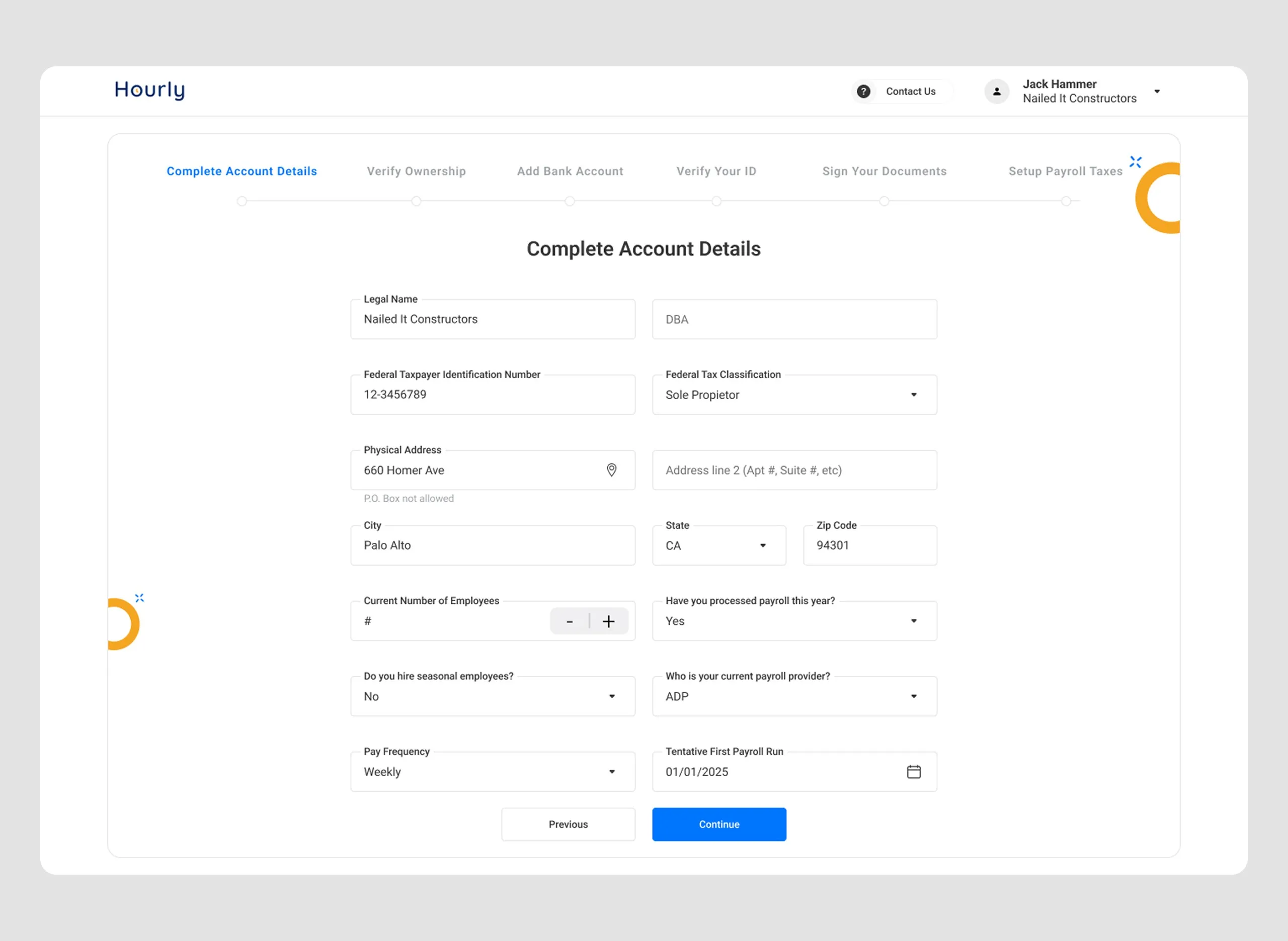 The Complete Account Details step, collecting legal name, federal taxpayer ID and tax classification, address, employee count, current payroll provider and pay frequency in a single form.
