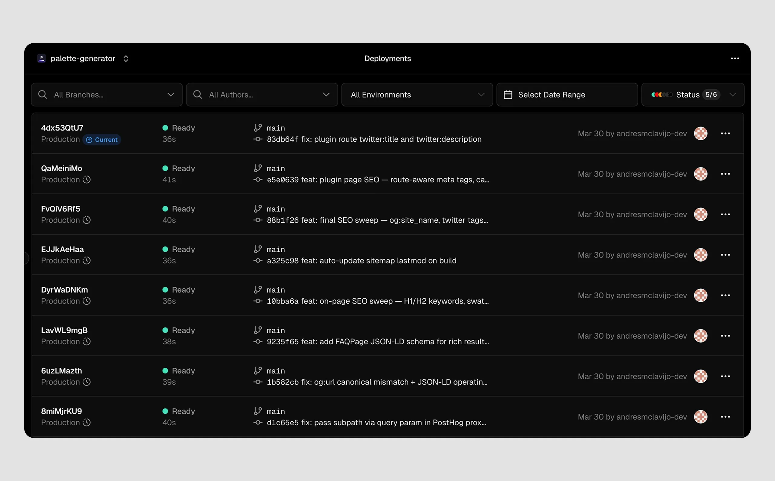 The Vercel deployments dashboard listing successive production builds of Paletta, each ready and tied to a commit on main.