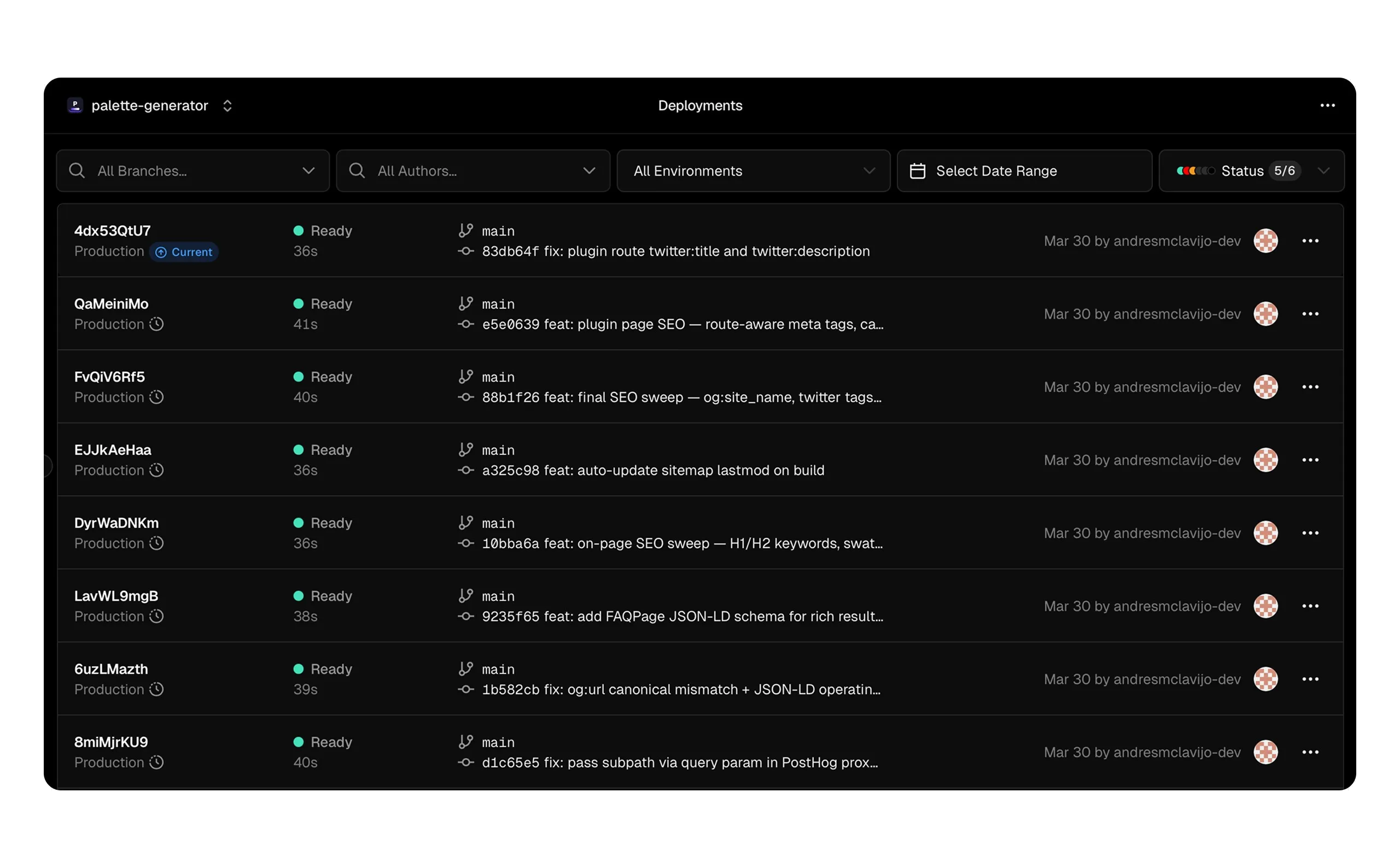 The Vercel deployments dashboard listing successive production builds of Paletta, each ready and tied to a commit on main.