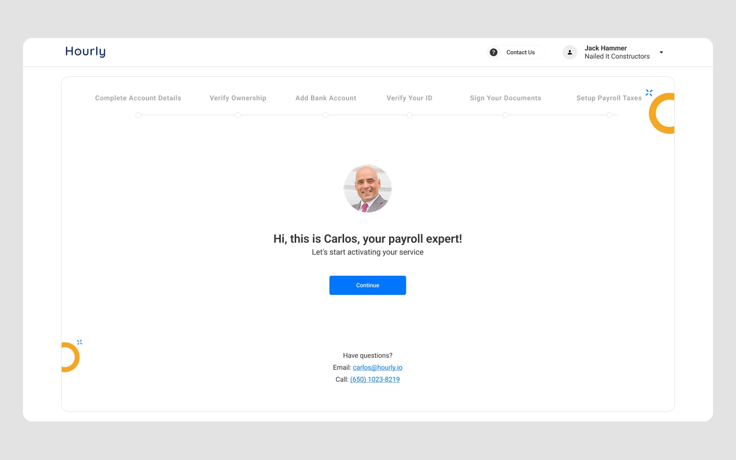 The onboarding stepper welcome screen, introducing a named payroll expert above a Continue button, with the six steps shown as a progress bar across the top.