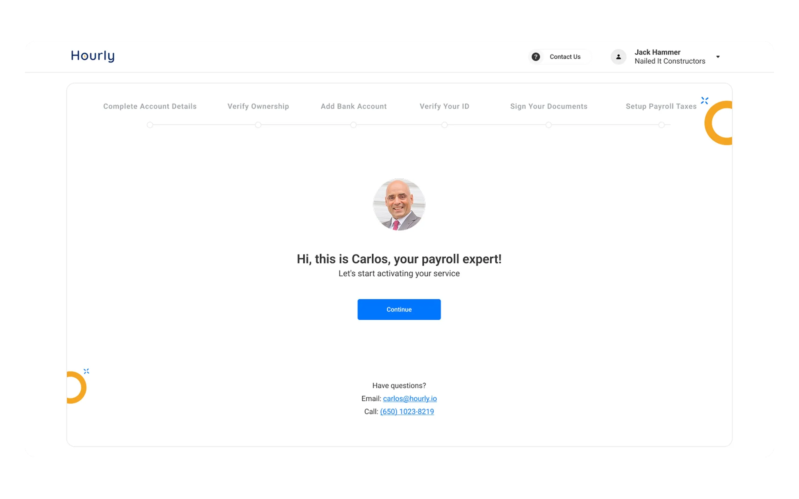 The onboarding stepper welcome screen, introducing a named payroll expert above a Continue button, with the six steps shown as a progress bar across the top.