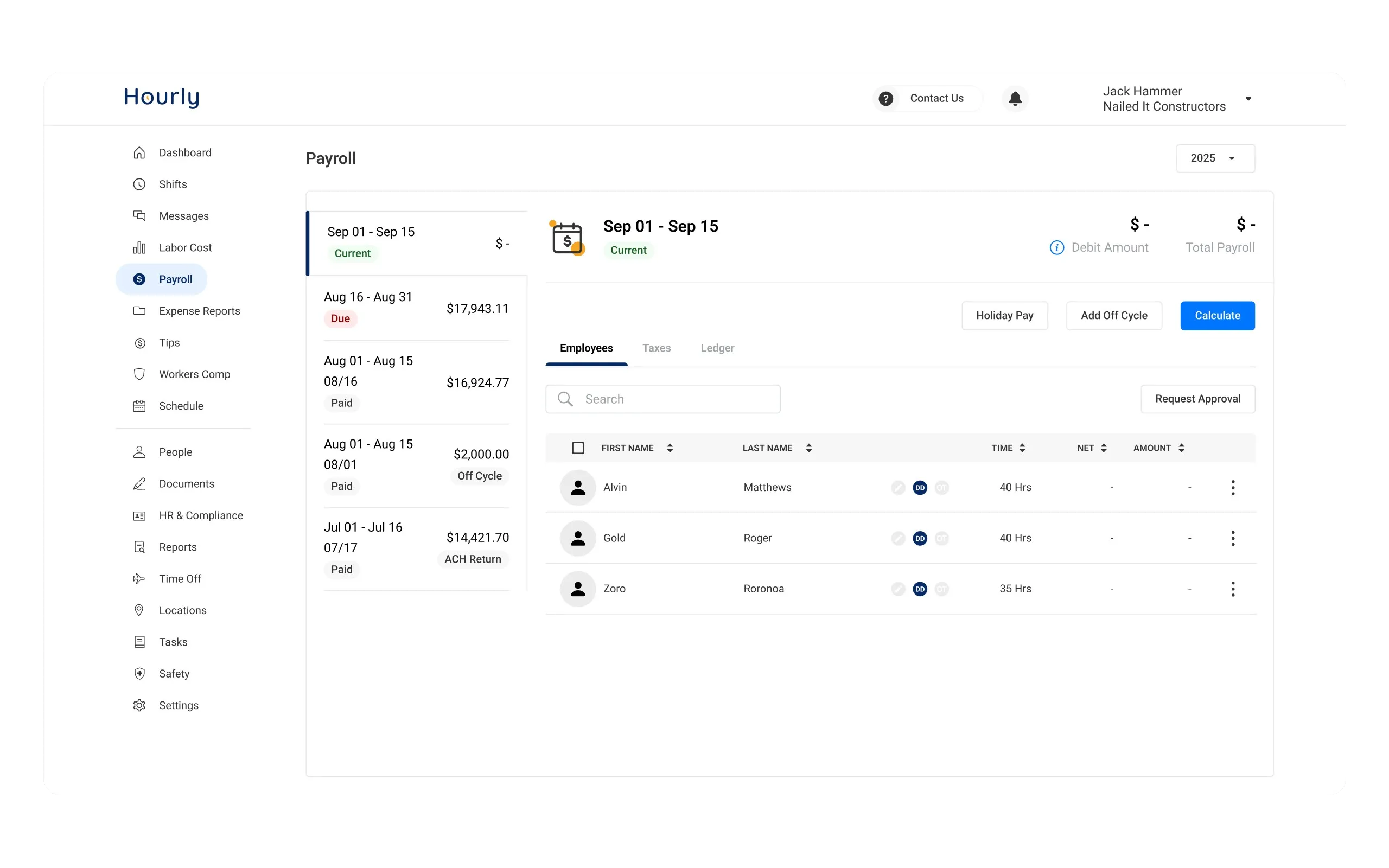 The payroll dashboard listing pay periods down the left with their amounts and paid status, beside an employee table showing hours and net amounts.