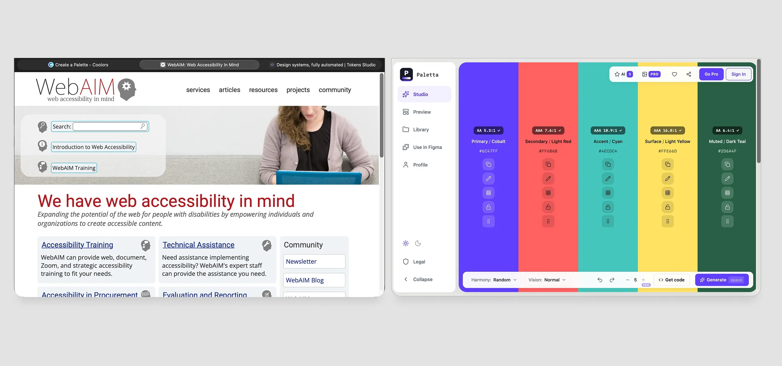 The WebAIM accessibility site beside Paletta’s own contrast validation, showing the check that previously required a second tool now running inside the product.