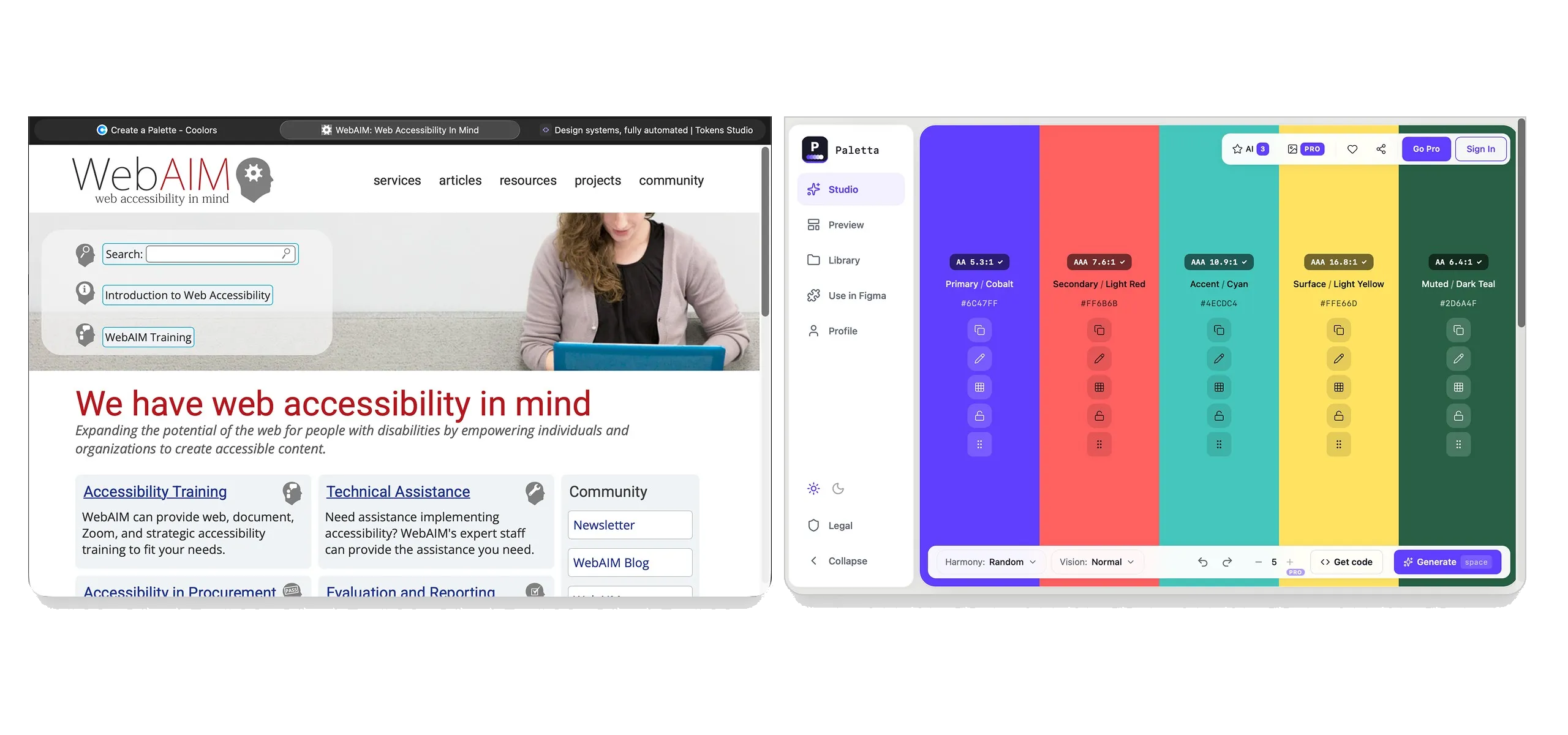 The WebAIM accessibility site beside Paletta’s own contrast validation, showing the check that previously required a second tool now running inside the product.