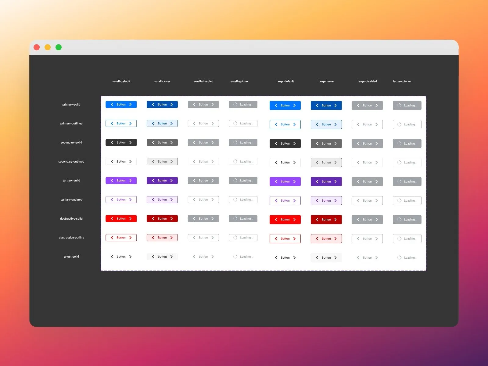 The Hourly button component in Figma: nine styles from primary to ghost, each in small and large, default, hover, disabled and loading.