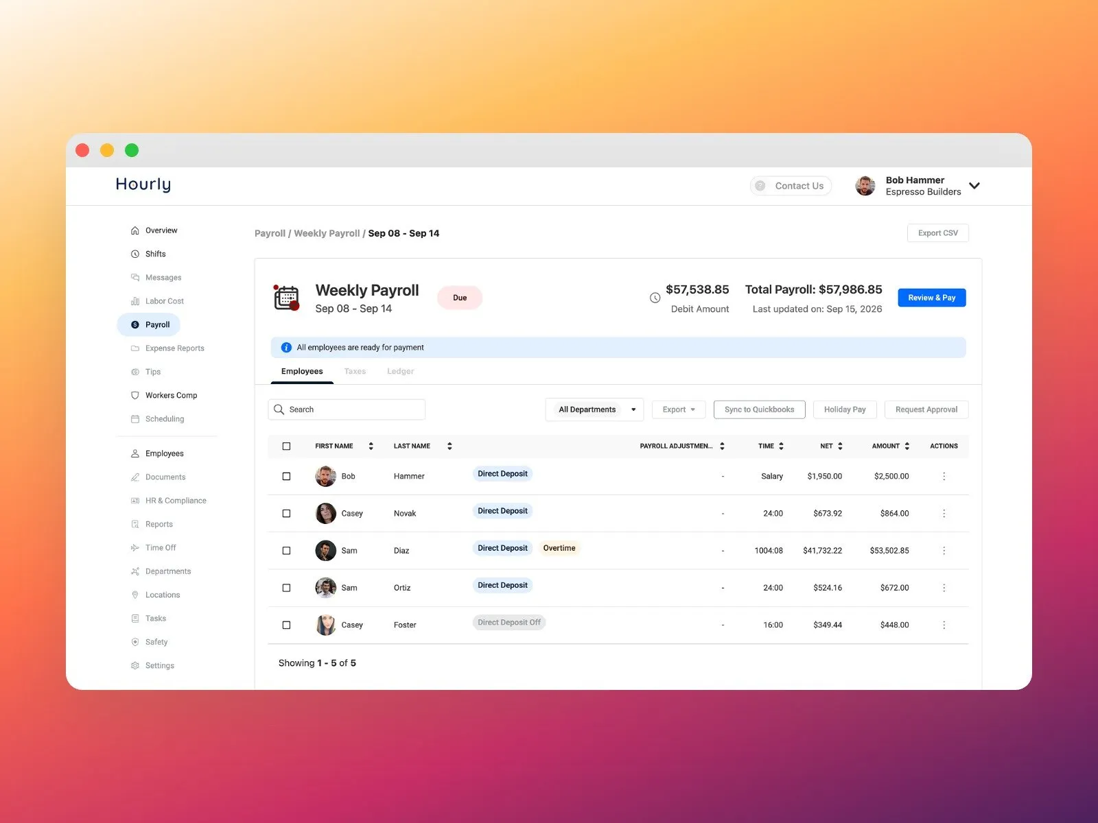 A weekly payroll screen built in code from the component library: totals, a review and pay button, and the employee table.