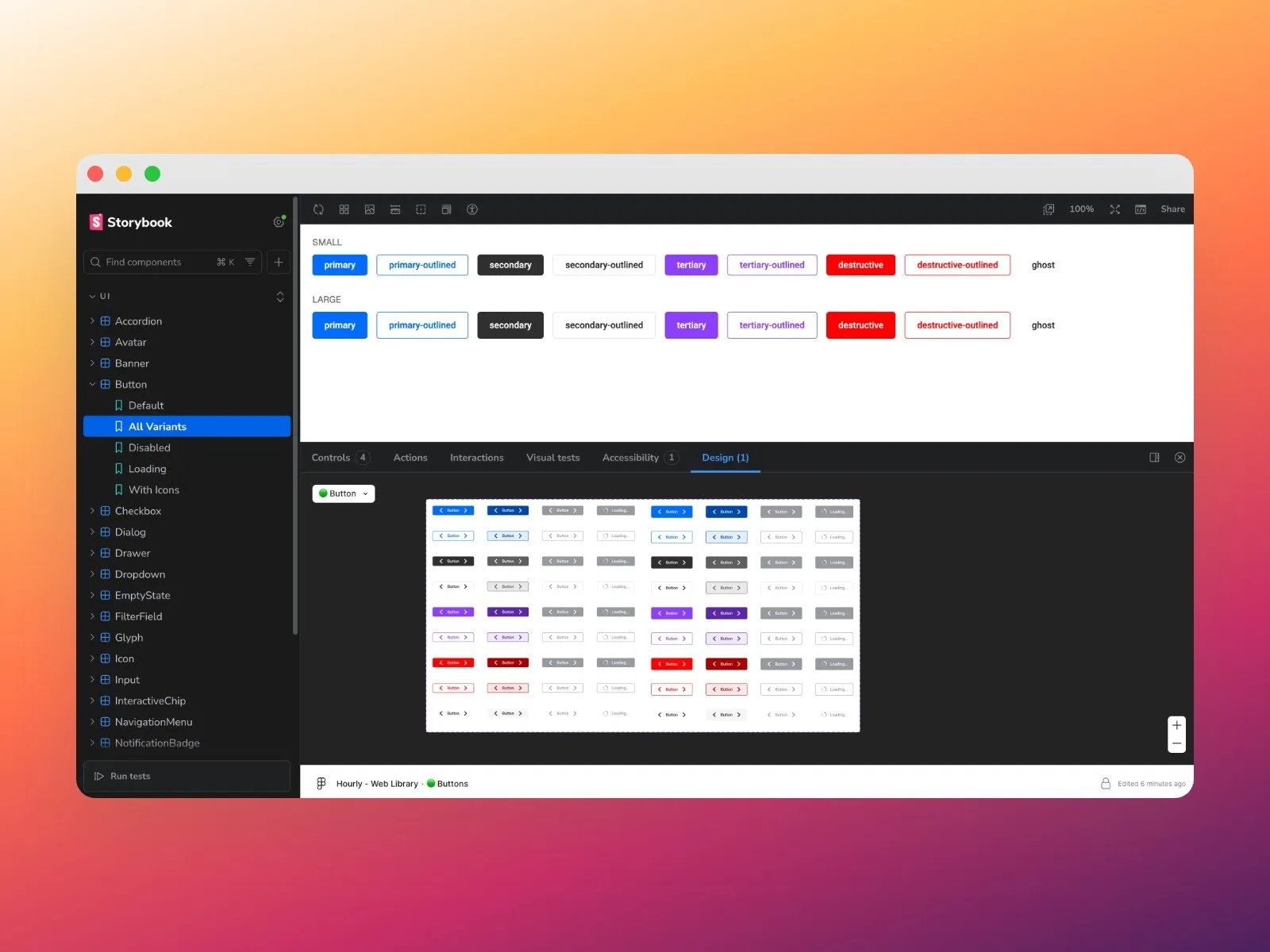 Storybook’s Design panel showing the Figma button set from the Hourly Web Library below the coded component.