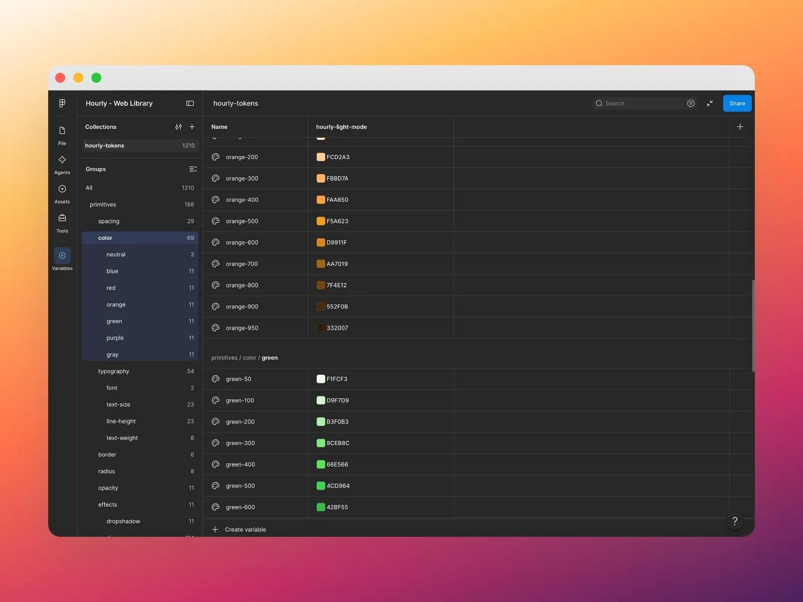 Figma variables, the primitives layer: the color scales of the hourly-tokens collection, raw hex values from orange to green.