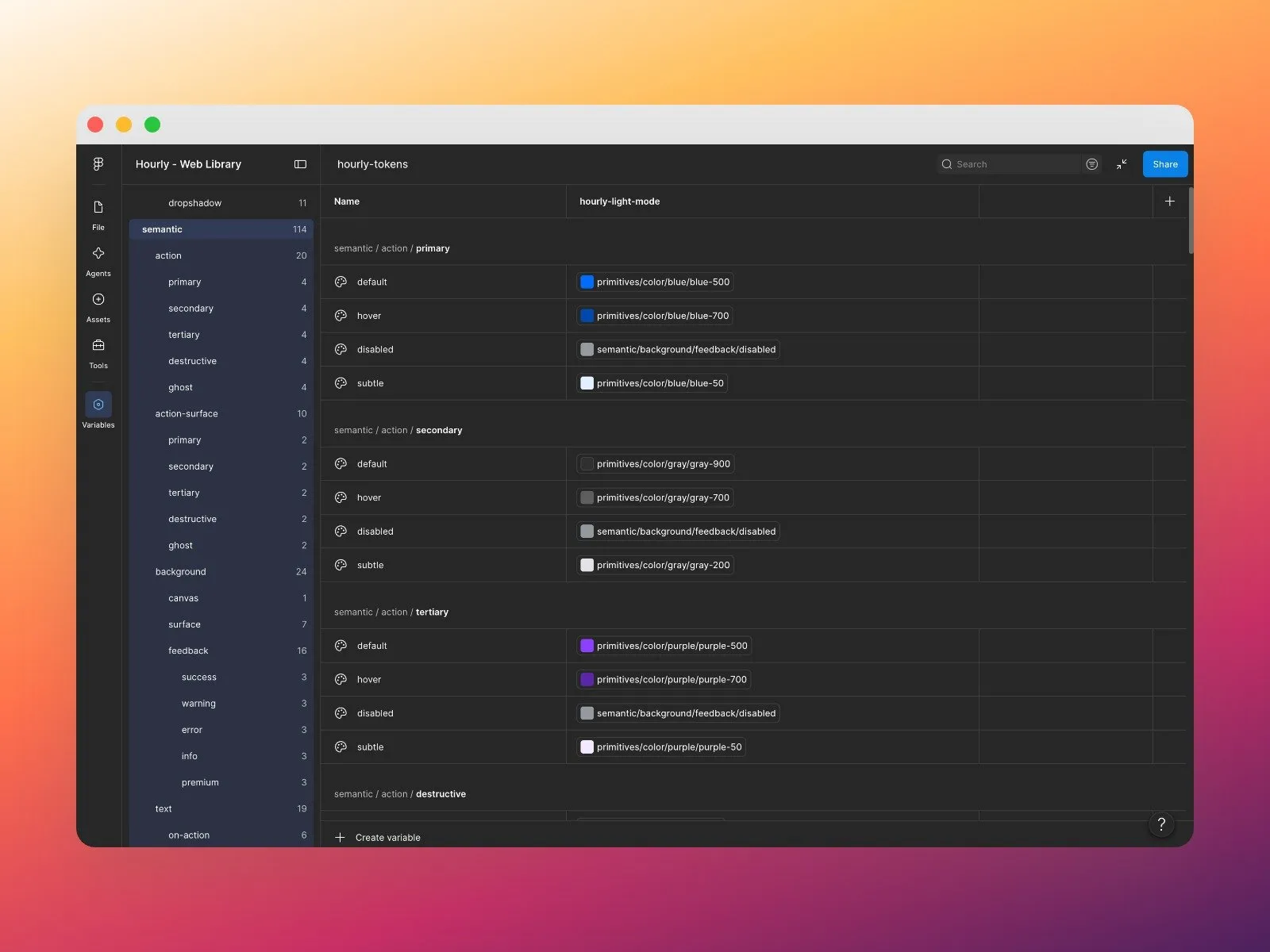 The semantic layer: action tokens such as primary default, hover, disabled and subtle, each pointing to a primitive color.