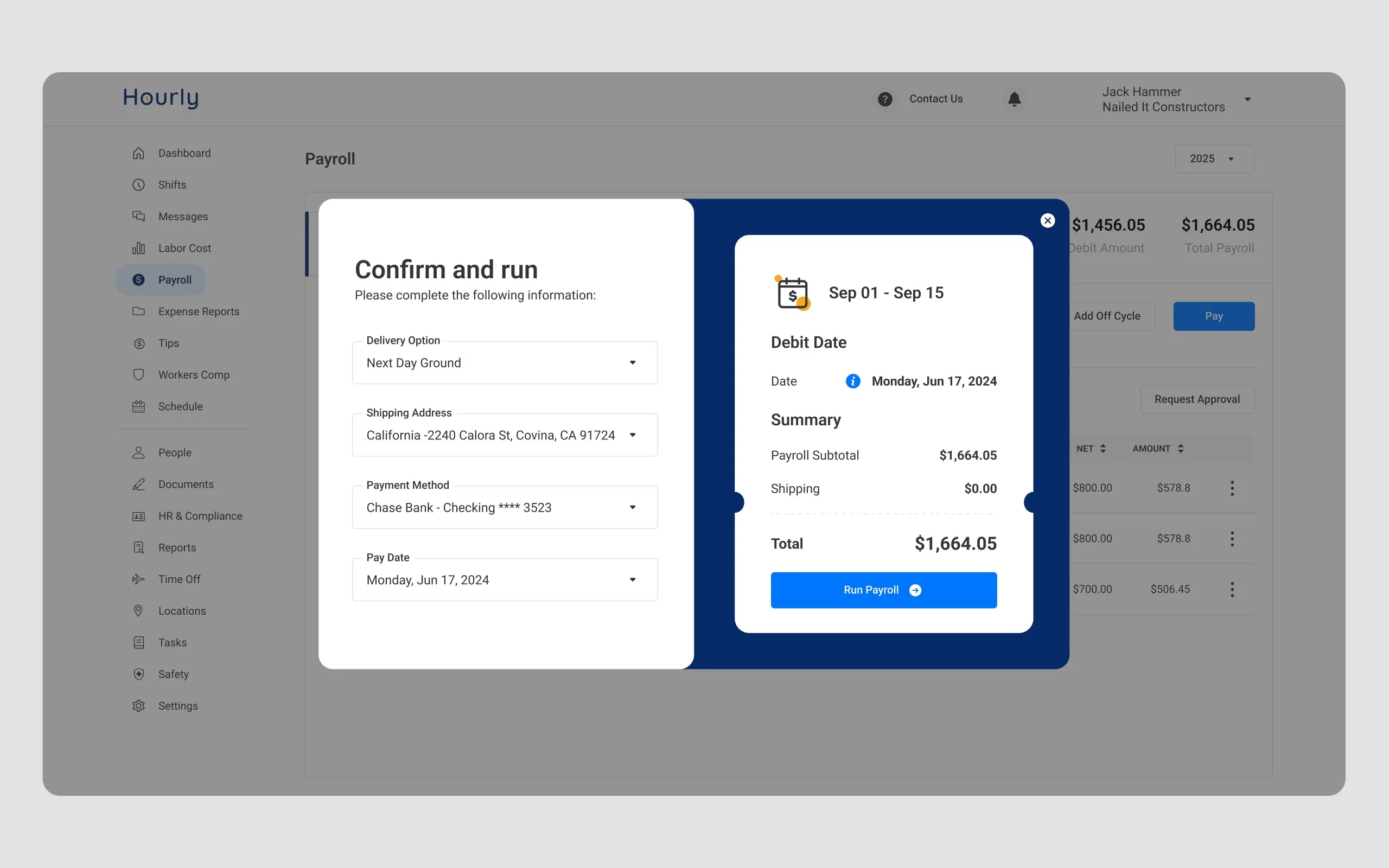 The Confirm and run modal: delivery option, shipping address, payment method and pay date on the left, with a summary panel showing the debit date and a total of 1,664.05 dollars next to a Run Payroll button.