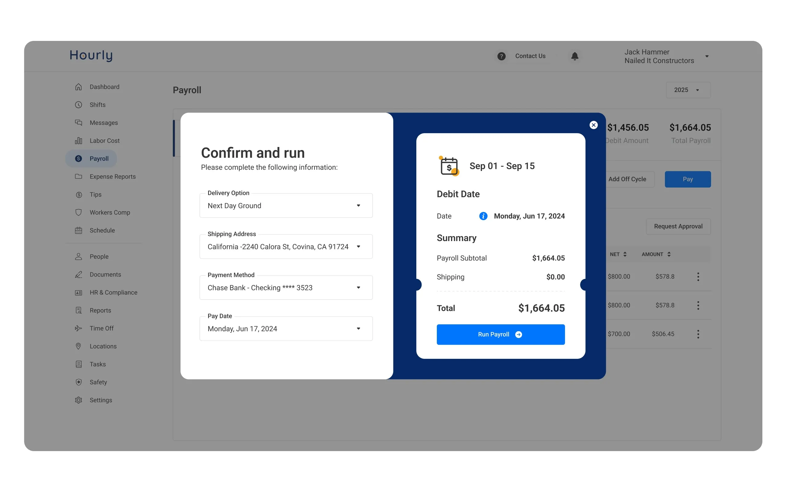 The Confirm and run modal: delivery option, shipping address, payment method and pay date on the left, with a summary panel showing the debit date and a total of 1,664.05 dollars next to a Run Payroll button.