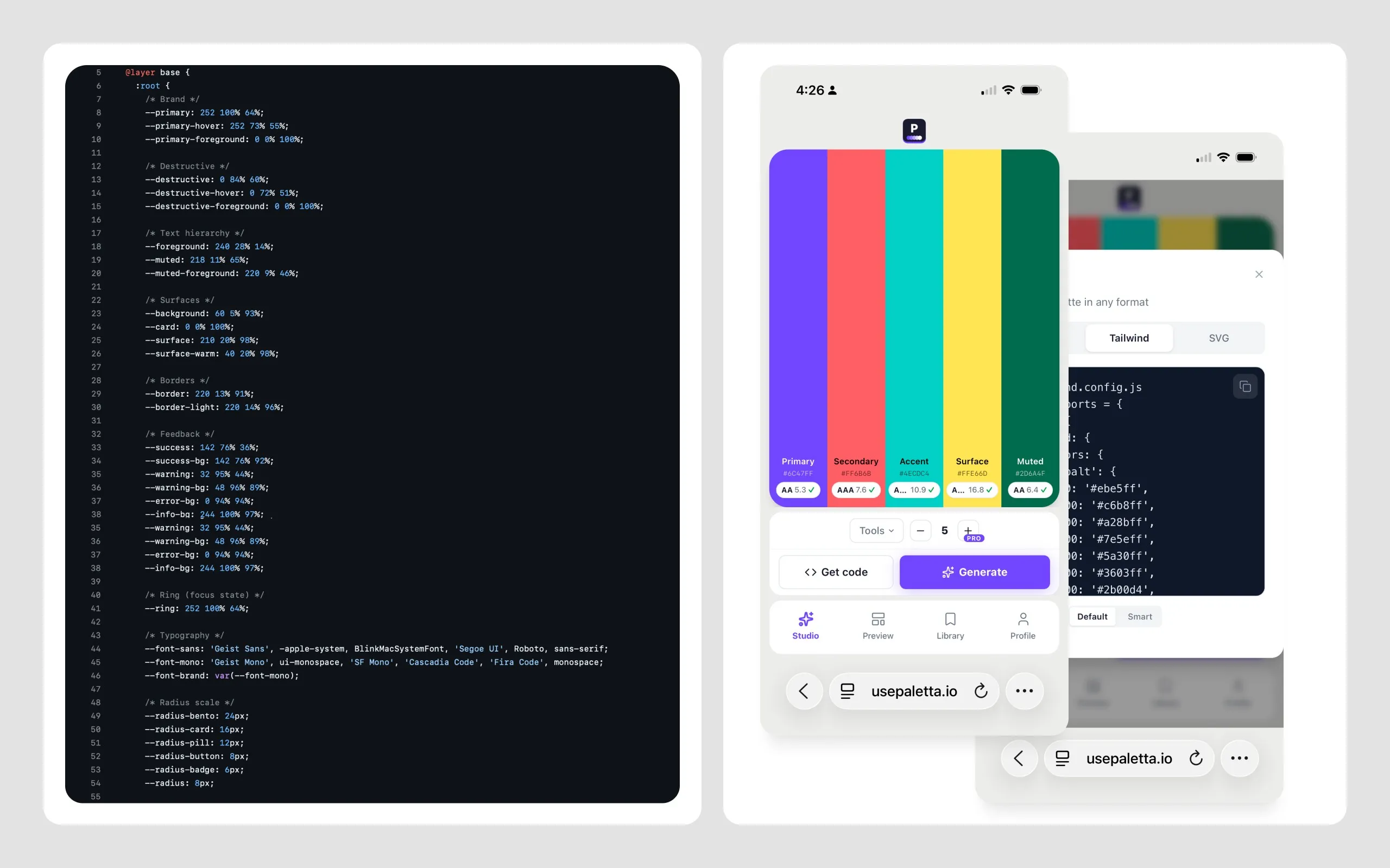 The three-layer CSS variable source on the left beside the running app and its exported Tailwind config on a phone, showing tokens moving from definition to production.