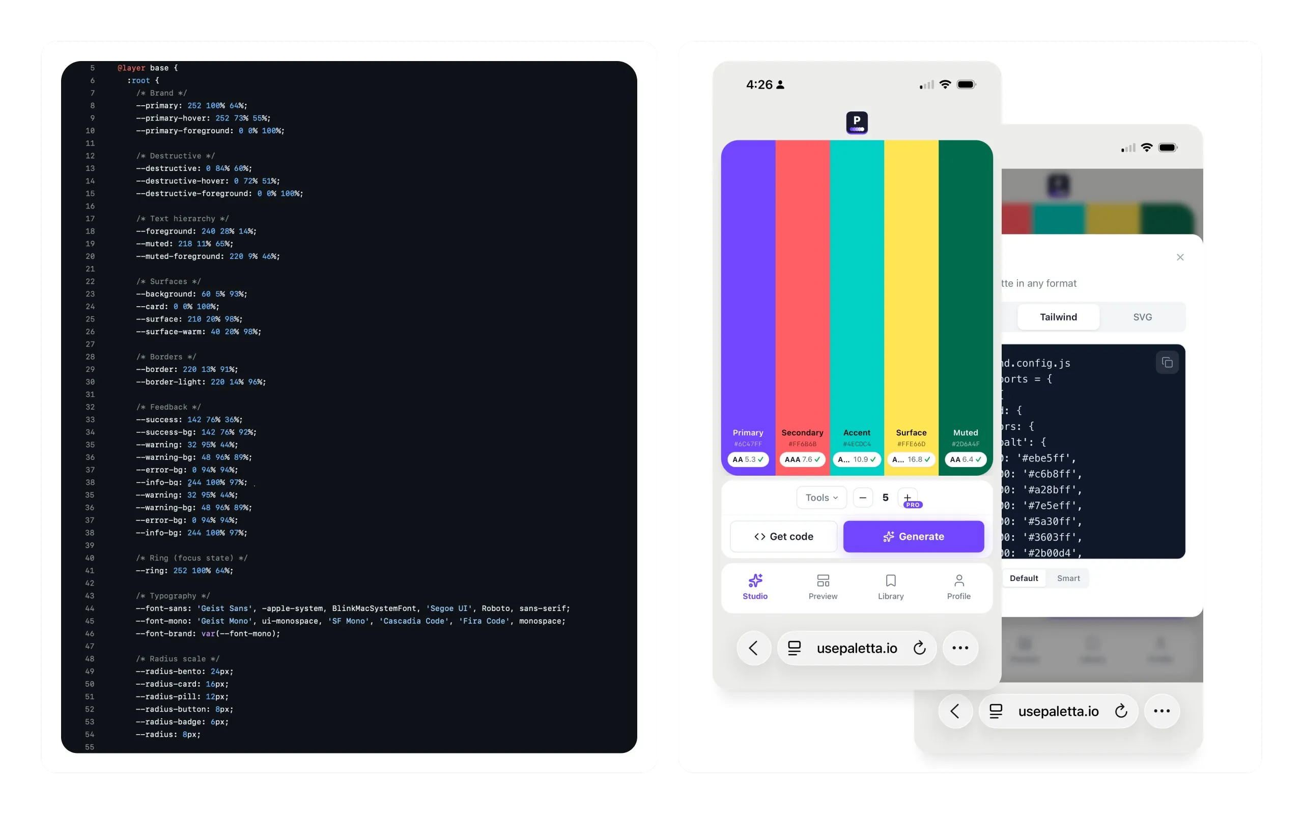 The three-layer CSS variable source on the left beside the running app and its exported Tailwind config on a phone, showing tokens moving from definition to production.