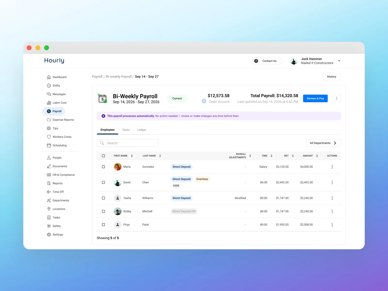 A bi-weekly payroll opened: Sep 14 to Sep 27, 2026, total payroll and debit amount, a note that it processes automatically, and five employees with their hours, net pay and amount.