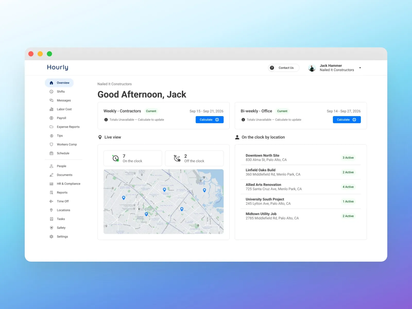 The Hourly dashboard for an account with two pay schedules: Weekly - Contractors and Bi-weekly - Office cards side by side, each with its own current period.