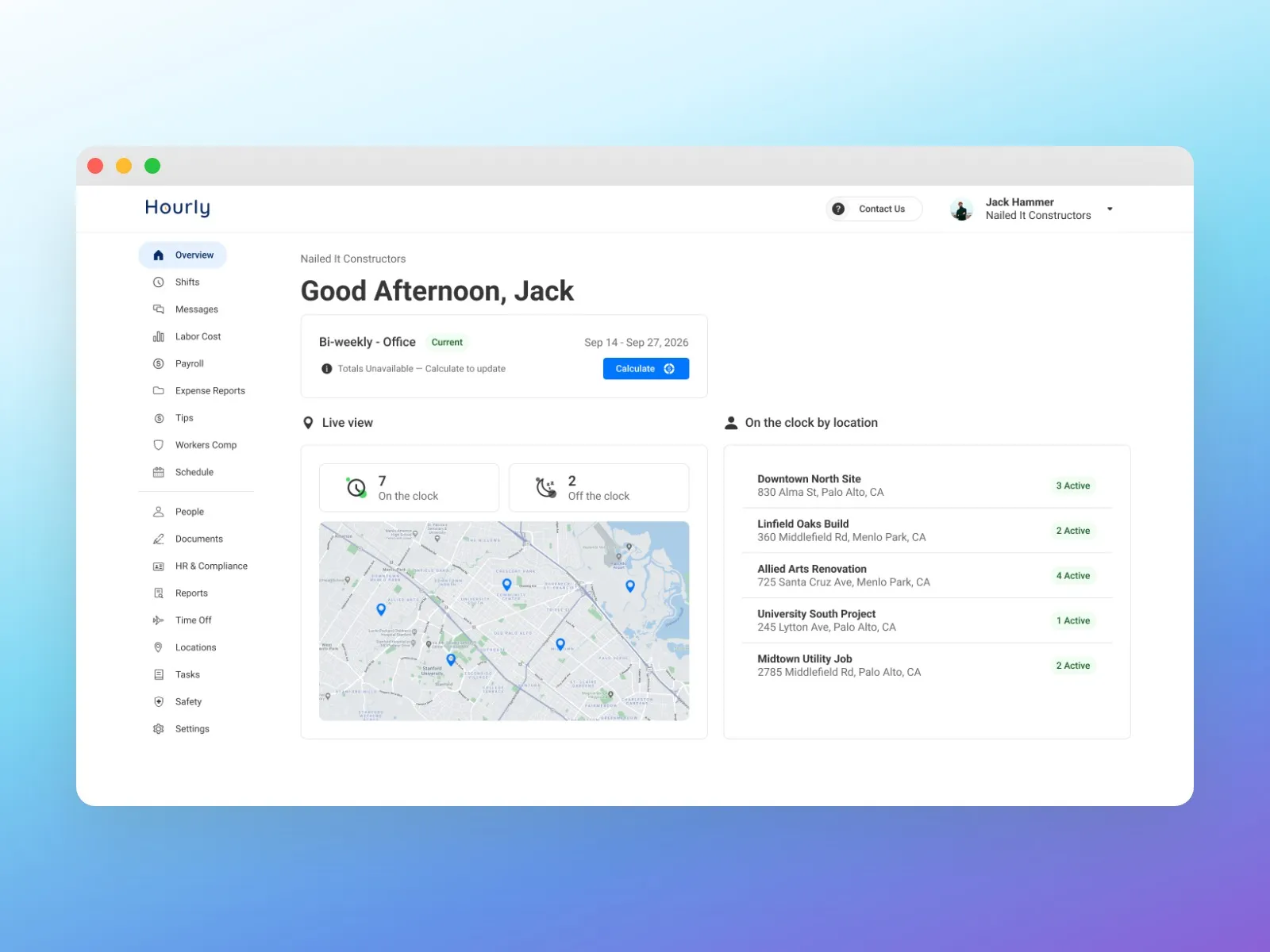The Hourly dashboard for an account with one pay schedule: a single Bi-weekly - Office card above the live view and the jobsites with people on the clock.