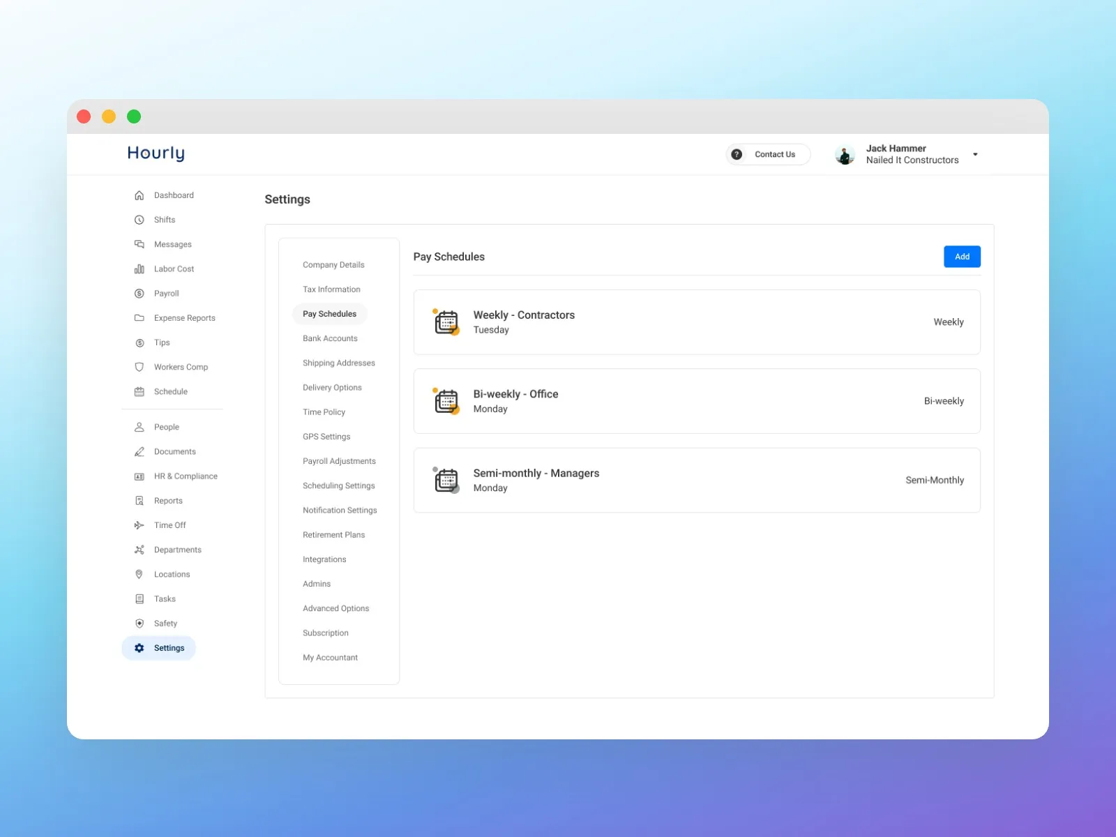 Settings with three pay schedules: Weekly - Contractors, Bi-weekly - Office and Semi-monthly - Managers, each with its frequency and workweek.