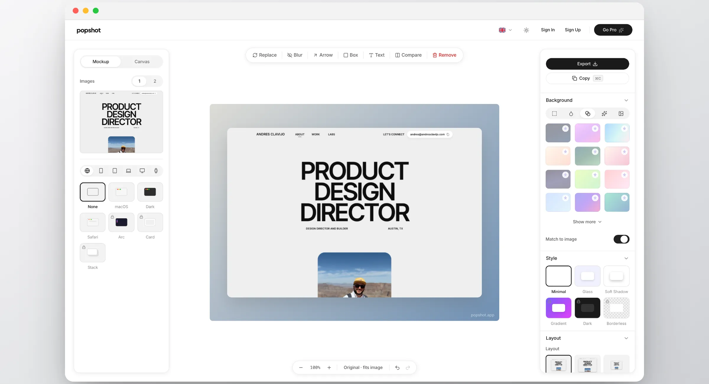 The Popshot editor with a screenshot loaded on the canvas, mockup presets down the left and background, style and layout controls on the right.
