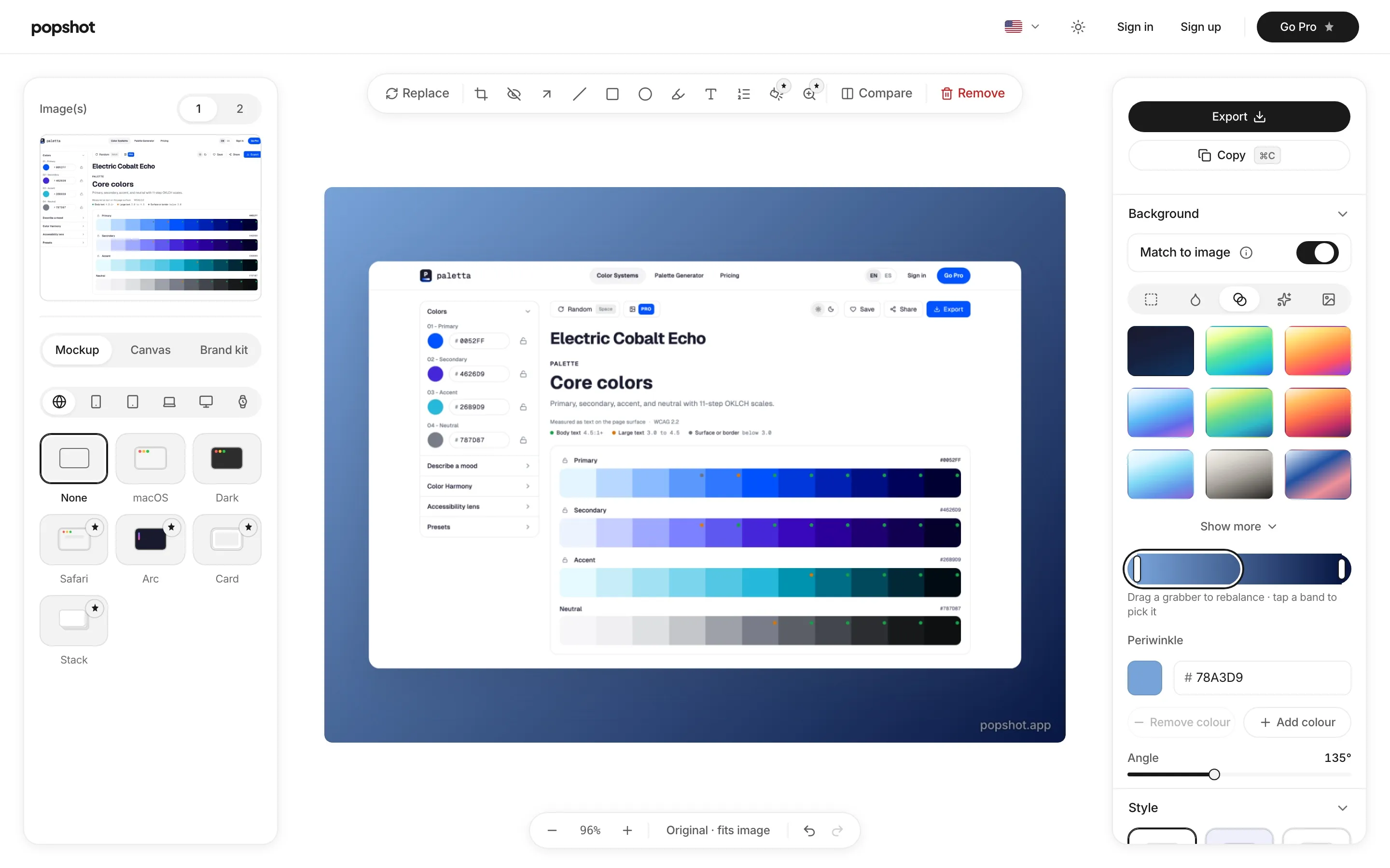 El editor de Popshot con una captura de Paletta sobre un degradado tomado de la imagen: marcos de mockup a la izquierda, herramientas de anotación arriba y controles de fondo y estilo a la derecha.