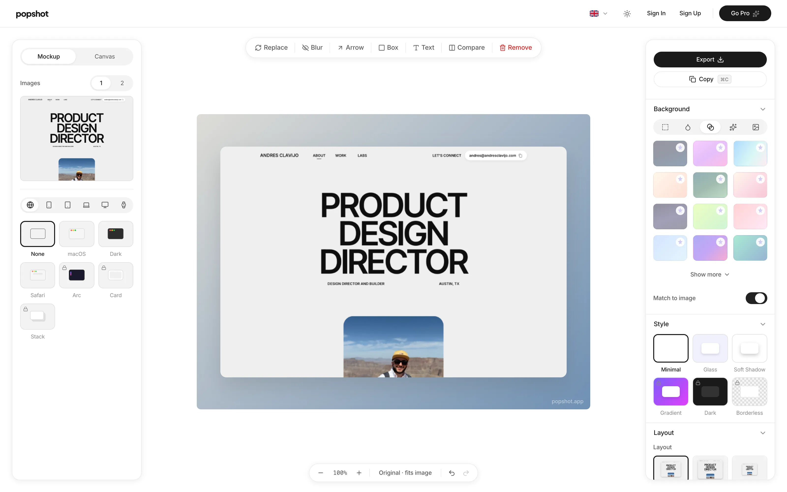 The editor with mockup presets, annotation tools across the top, and background, style and layout controls on the right.