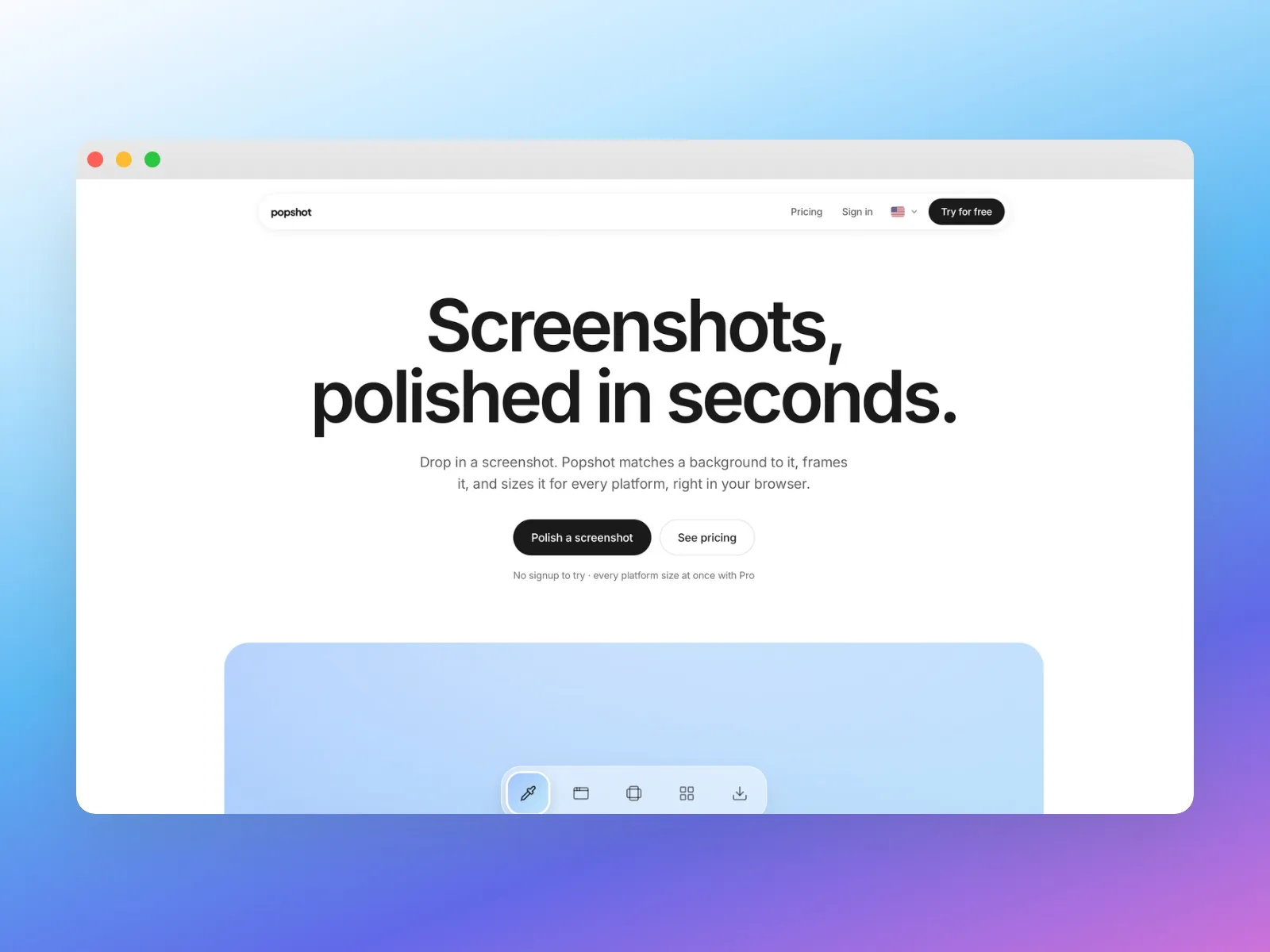 The Popshot homepage, "Screenshots, polished in seconds.", framed in a browser window on a blue-to-violet gradient.