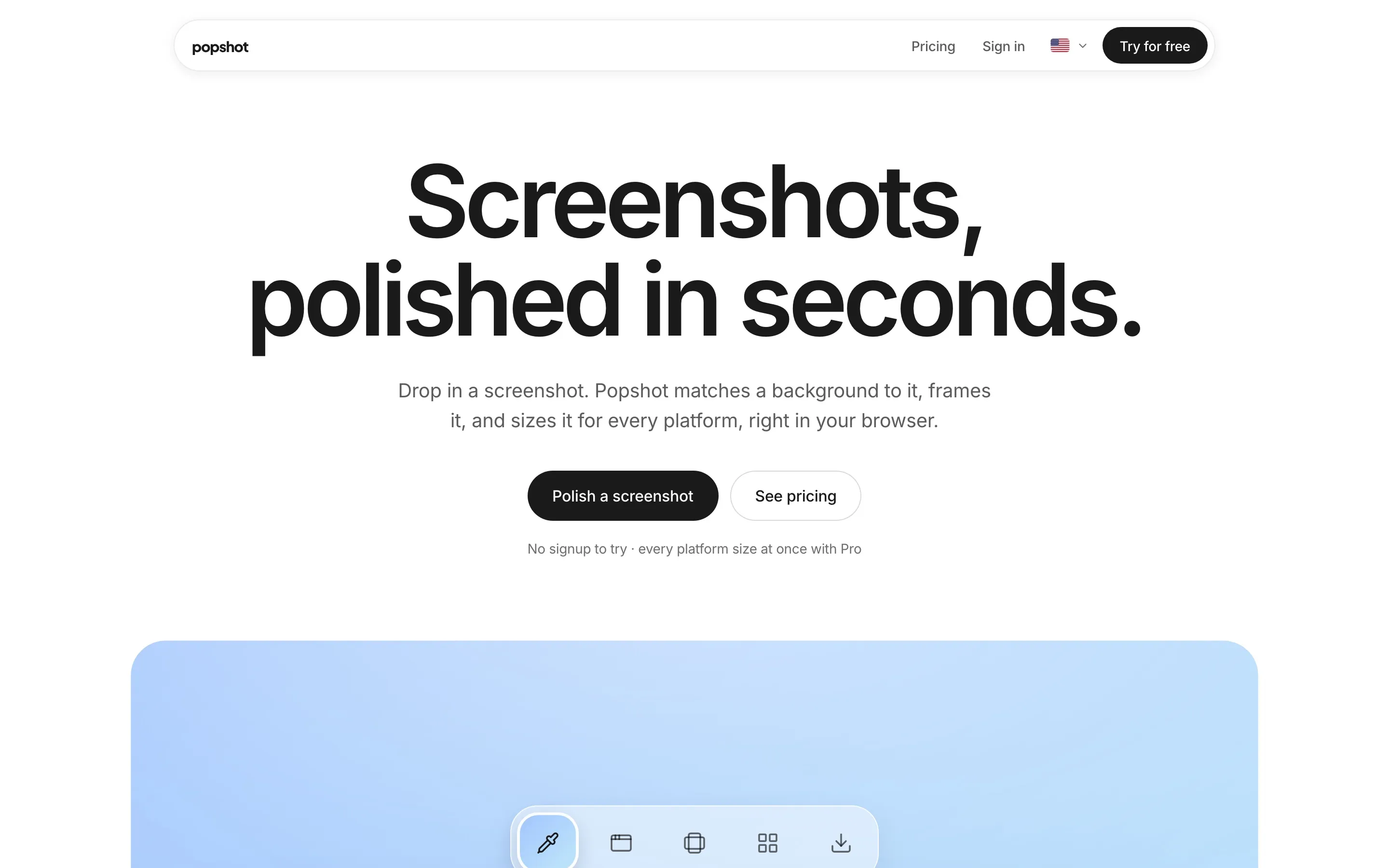 La página de inicio de Popshot: “Screenshots, polished in seconds.”, con los botones para pulir una captura y ver precios.