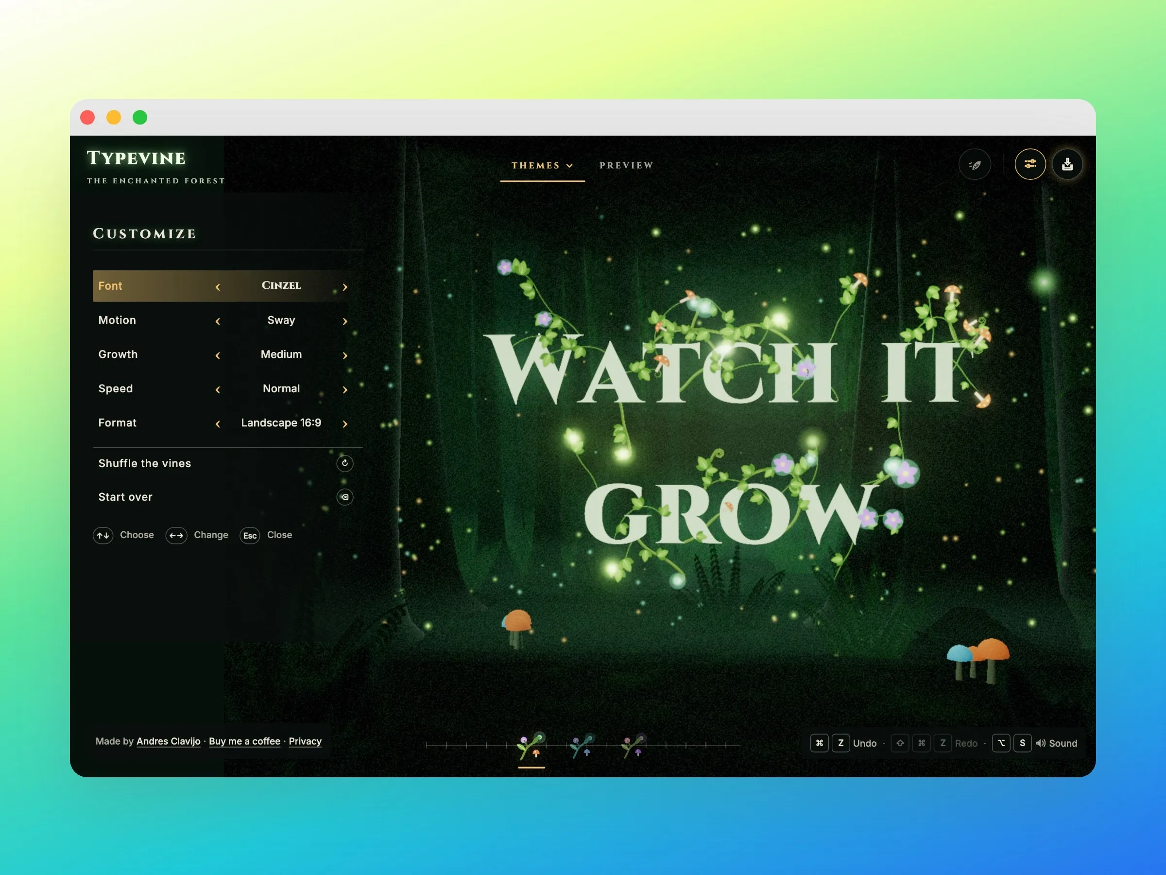 The Customize panel docked on the left: Font, Motion, Growth, Speed and Format, with Shuffle the vines and Start over, beside the message “Watch it grow” growing in the forest.
