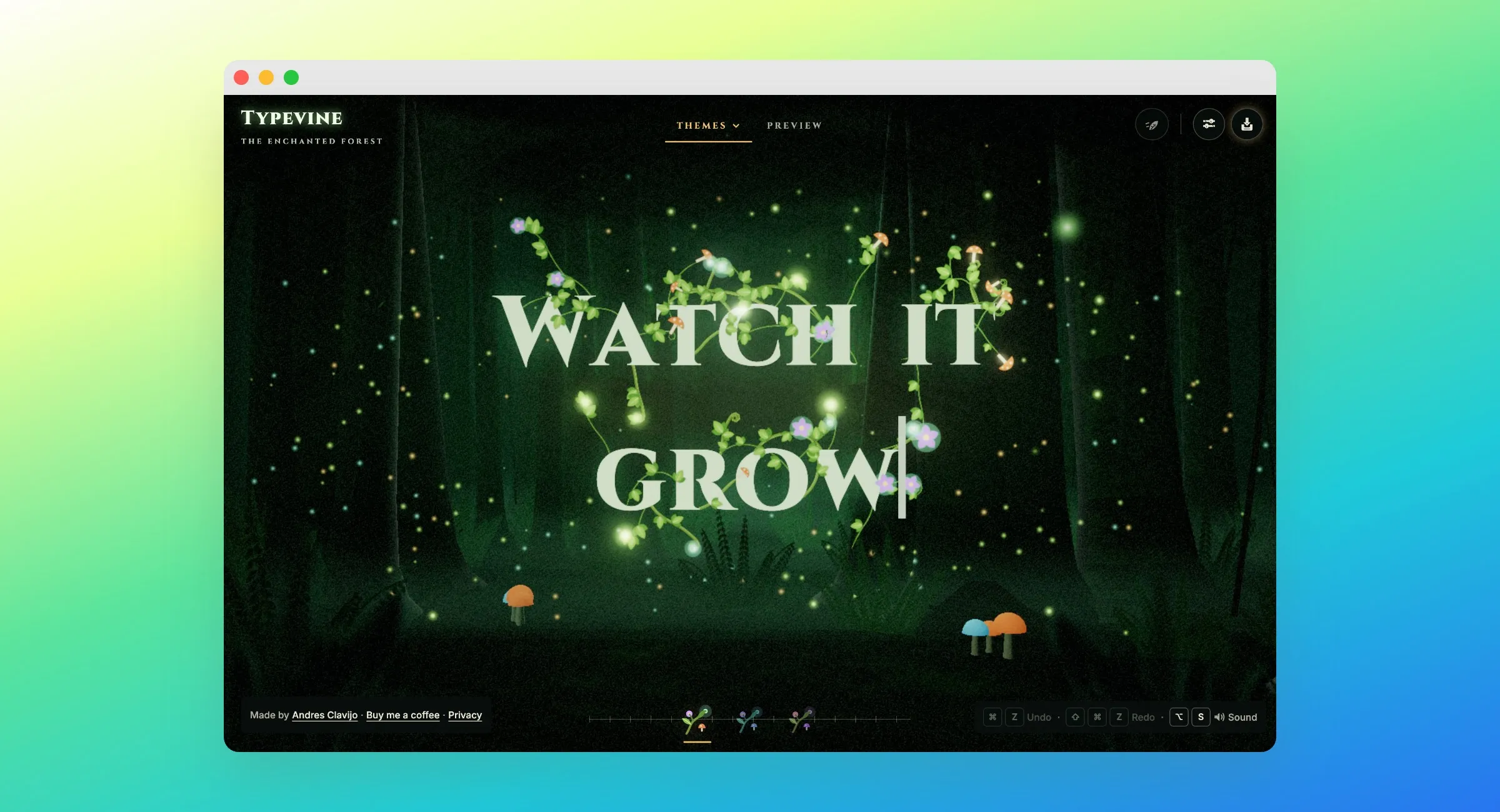 Typevine with the message "Watch it grow" wrapped in ivy, flowers and fireflies in a dark forest, framed in a browser window on a yellow-to-blue gradient.