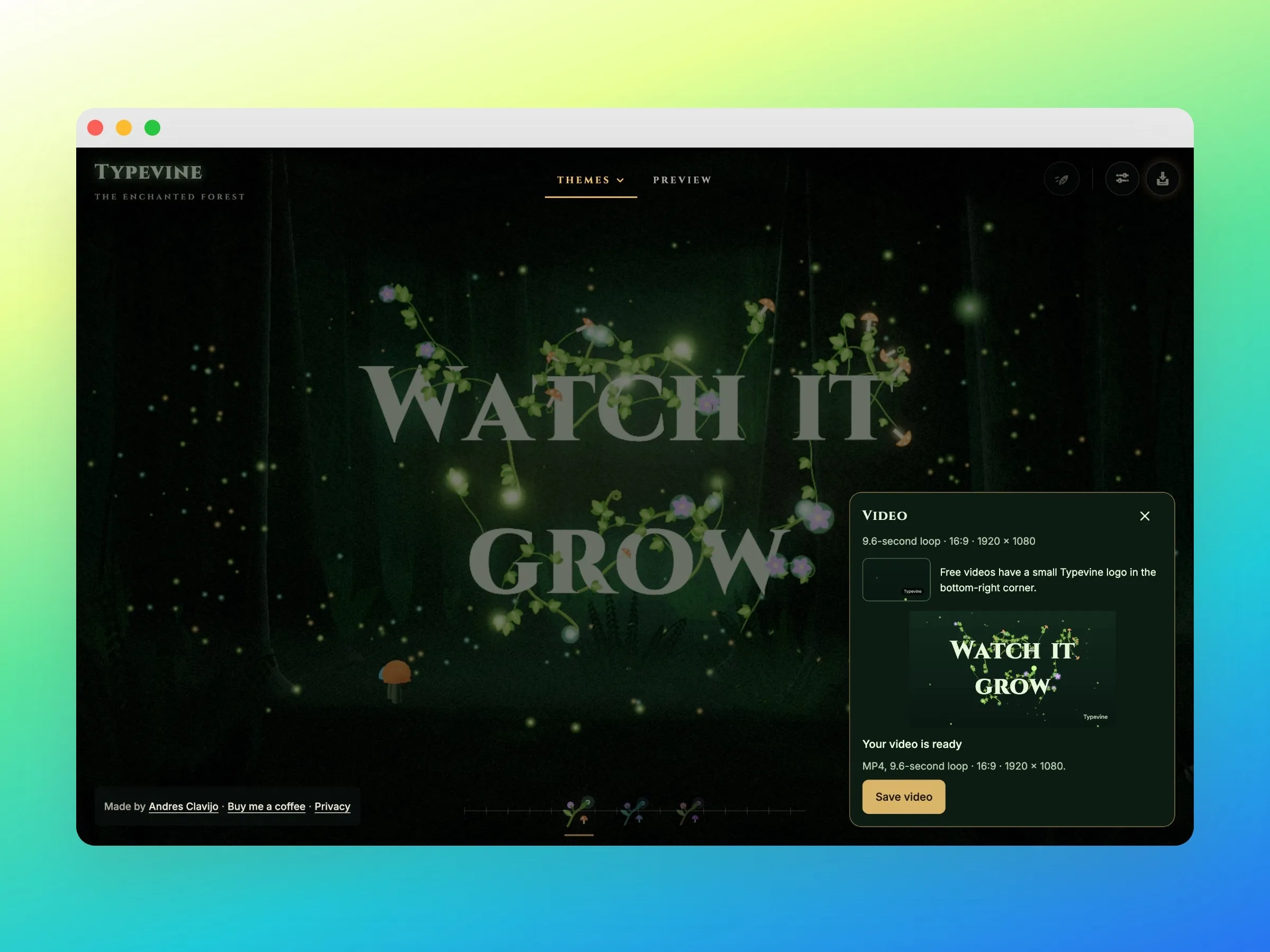 The Video panel over the forest card: a 9.6-second loop at 1920 by 1080, a preview of the card with the Typevine logo in the corner, and a Save video button.