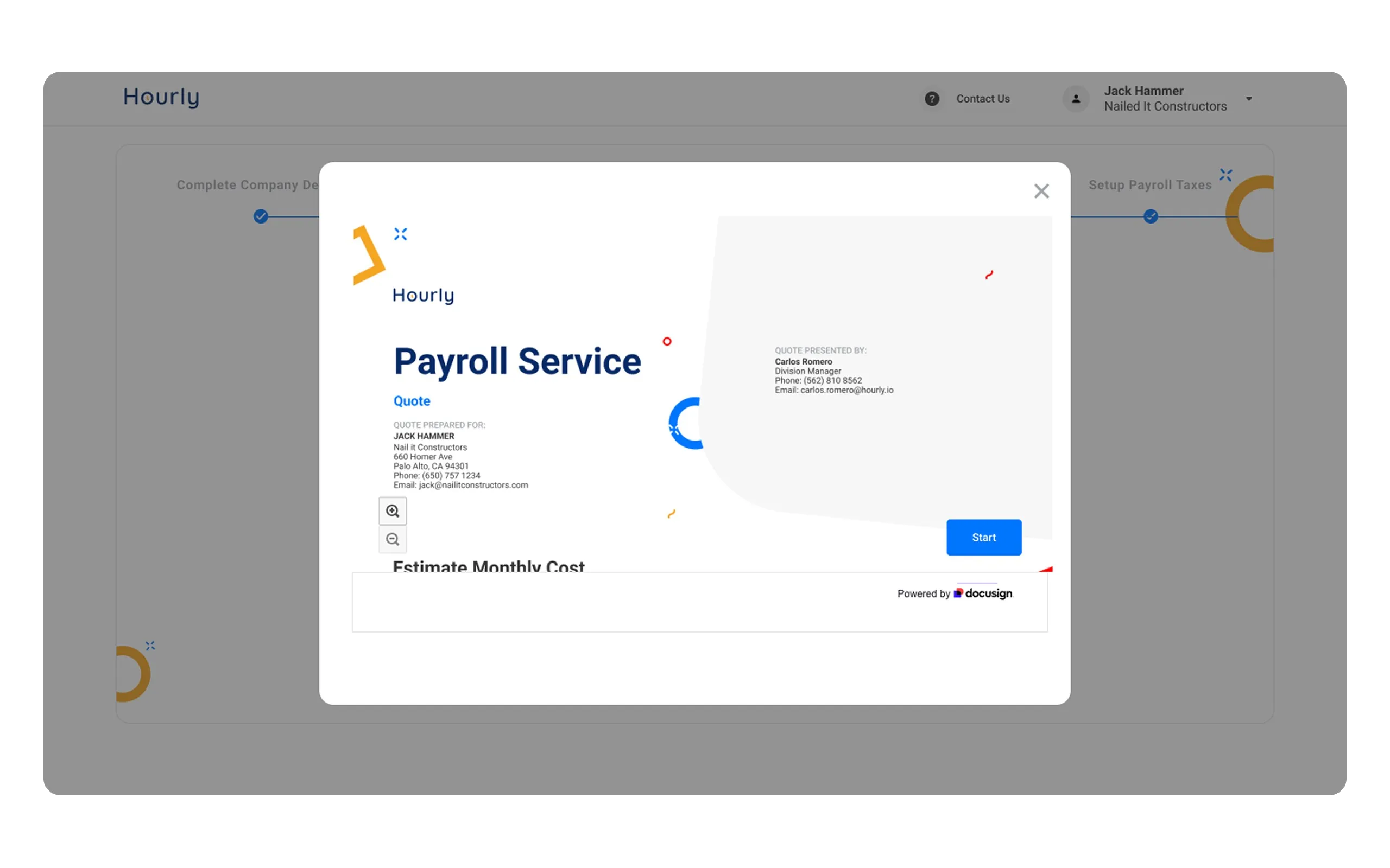 A pre-populated payroll service quote opening in a DocuSign modal over the stepper, with prepared-for and presented-by details already filled in.