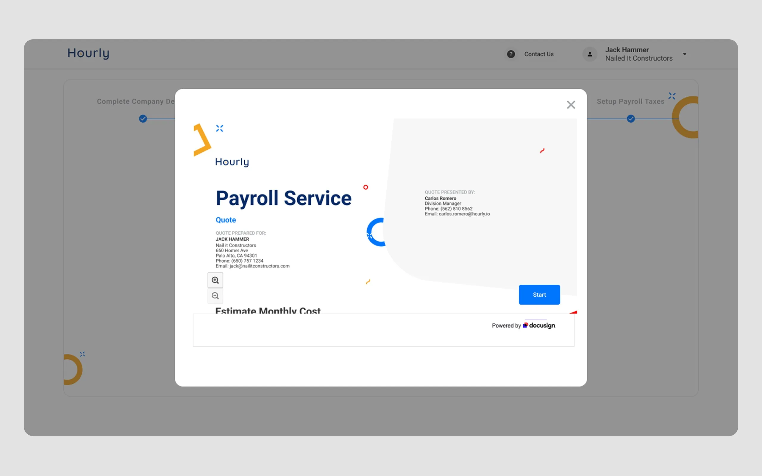 A pre-populated payroll service quote opening in a DocuSign modal over the stepper, with prepared-for and presented-by details already filled in.