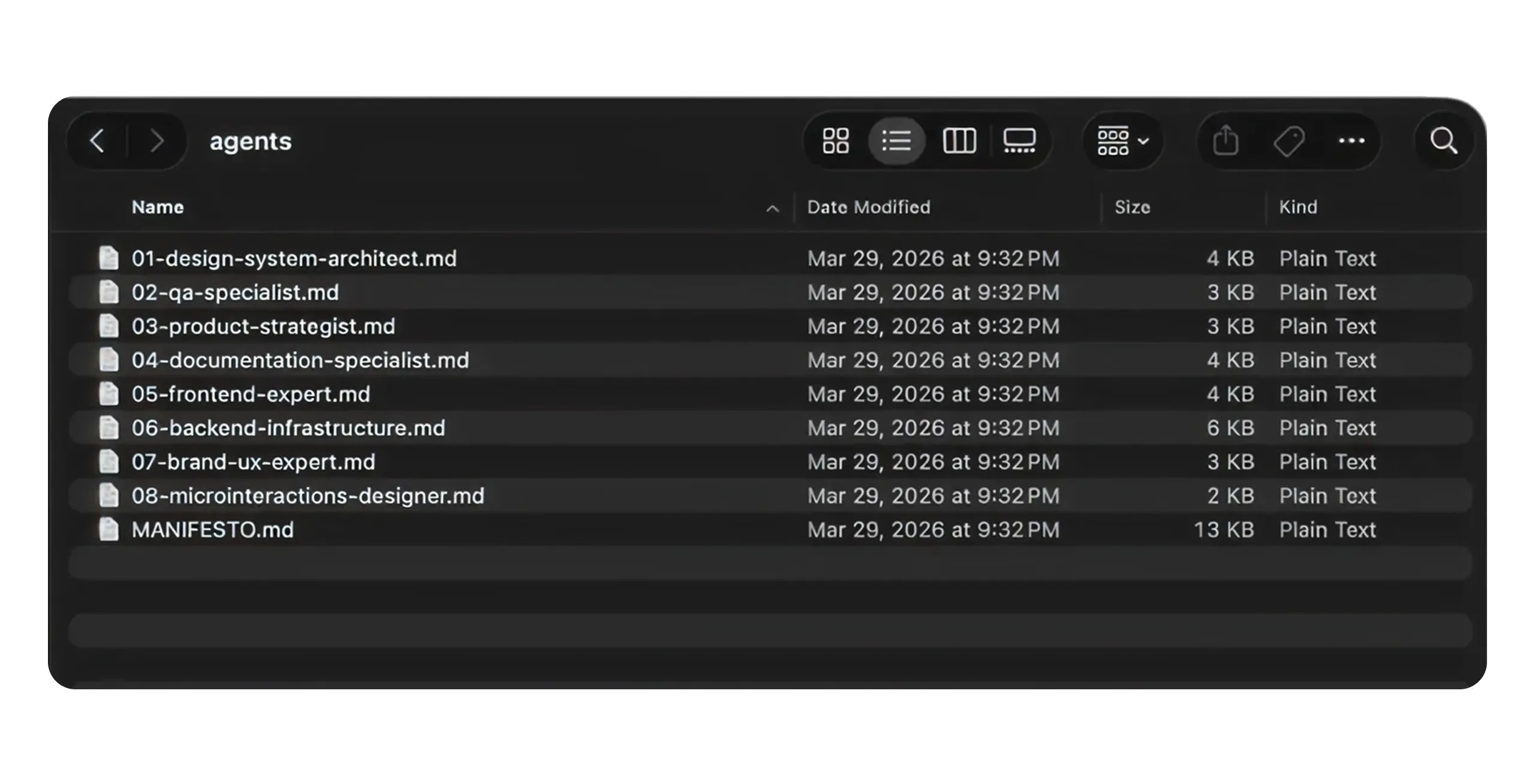 A Finder window listing the eight agent definition files, from design system architect through to micro-interactions designer, alongside the manifesto that governs them.