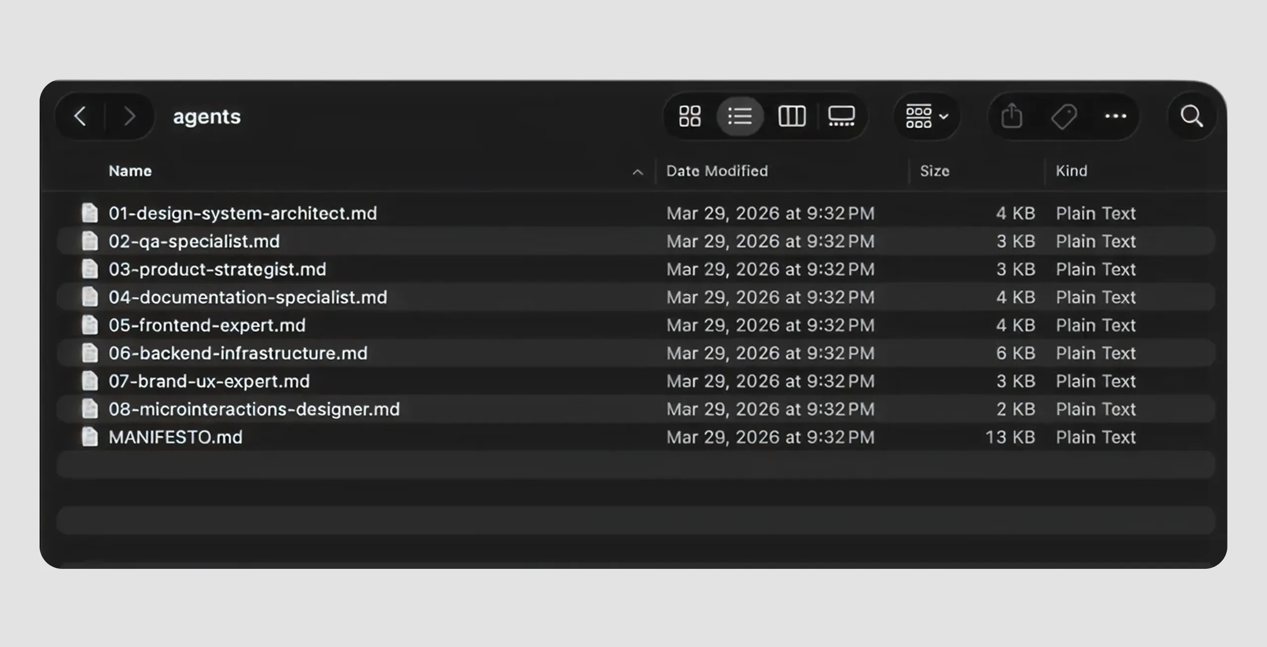 A Finder window listing the eight agent definition files, from design system architect through to micro-interactions designer, alongside the manifesto that governs them.