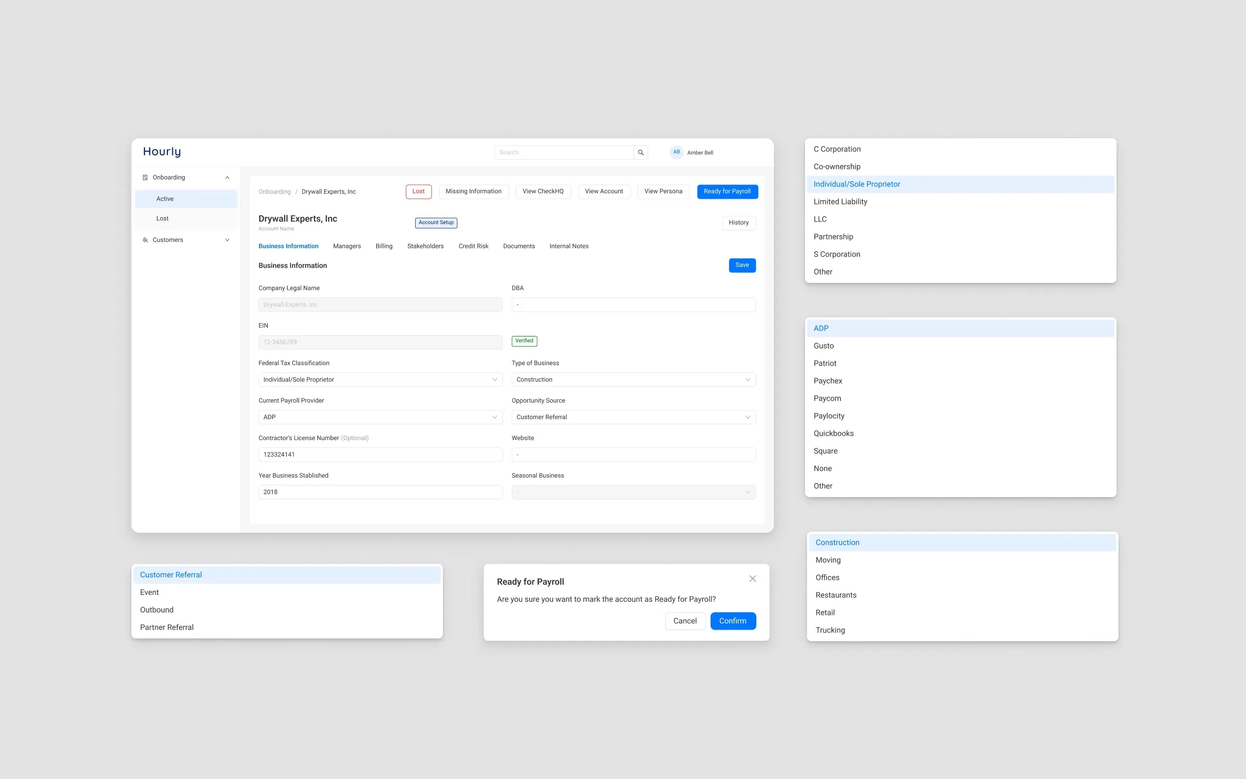 A customer record with the Ready for Payroll action and its confirmation dialog, plus the tax classification, payroll provider and opportunity source dropdown options.