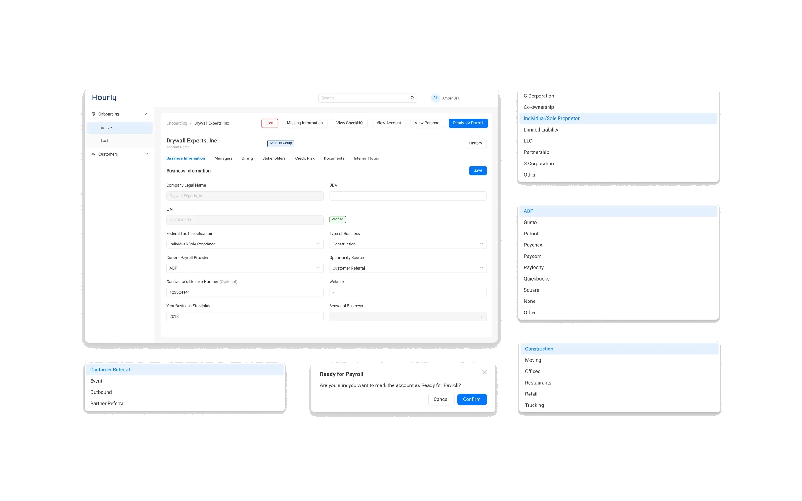 A customer record with the Ready for Payroll action and its confirmation dialog, plus the tax classification, payroll provider and opportunity source dropdown options.