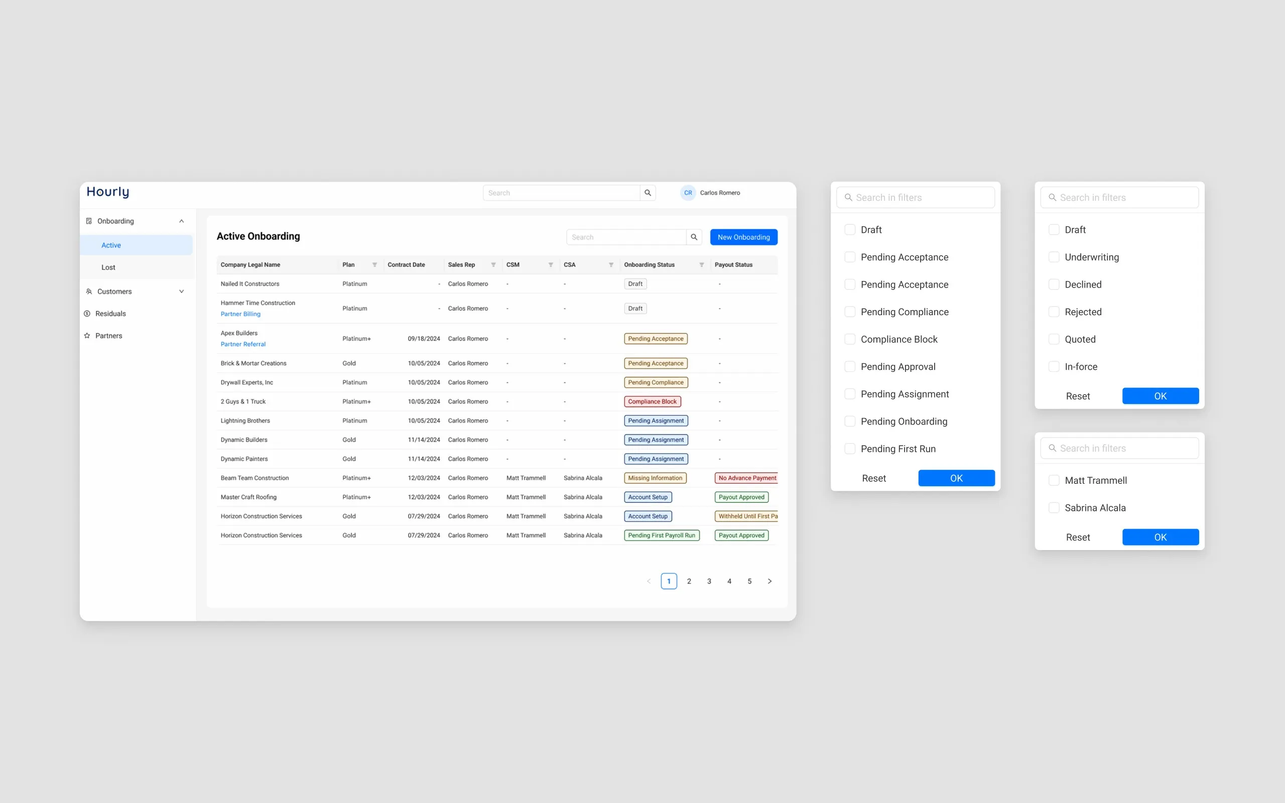 The Active Onboarding table listing companies with plan, contract date, sales rep and colour-coded onboarding status, alongside the filter panels used to narrow by stage.