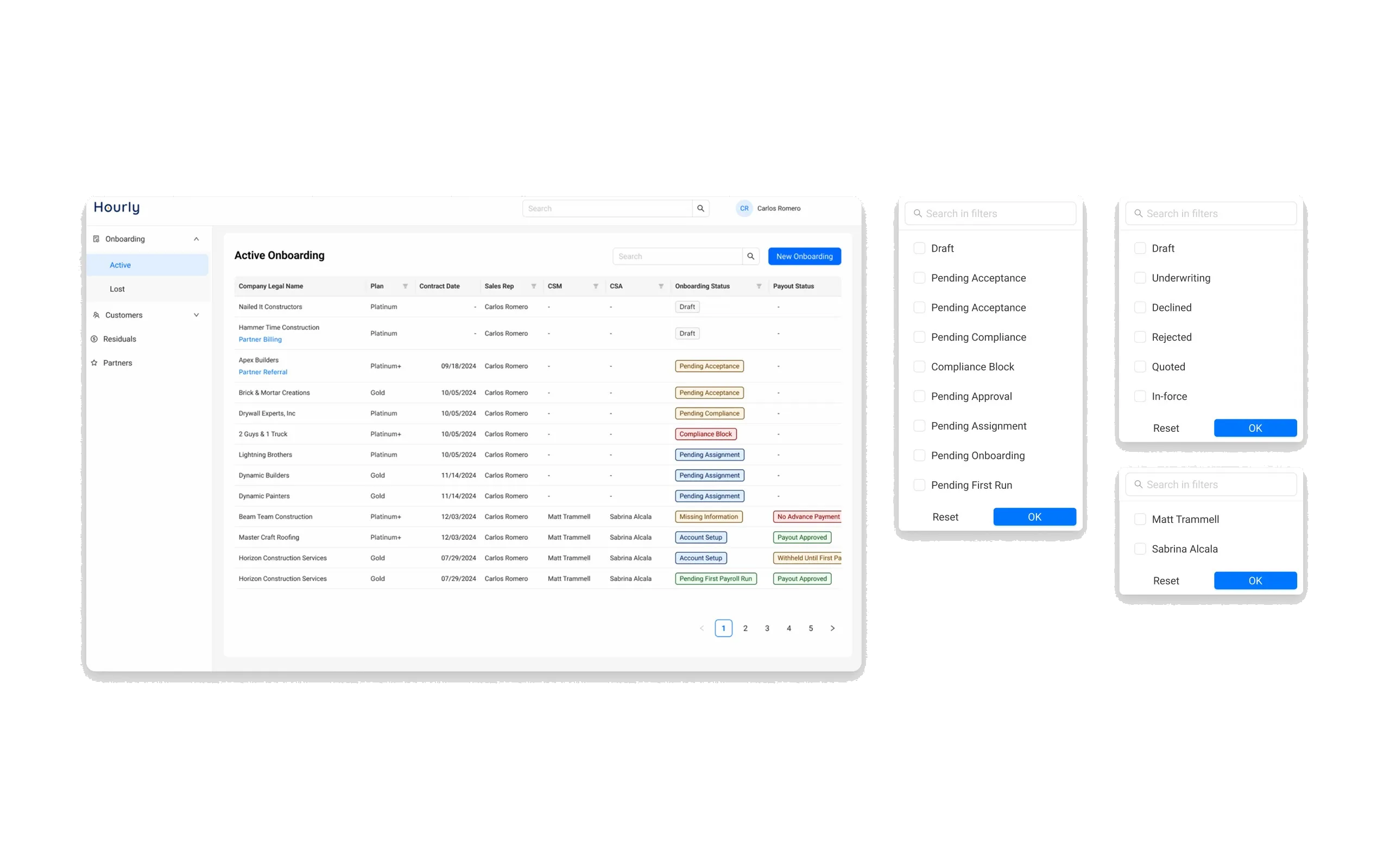 The Active Onboarding table listing companies with plan, contract date, sales rep and color-coded onboarding status, alongside the filter panels used to narrow by stage.